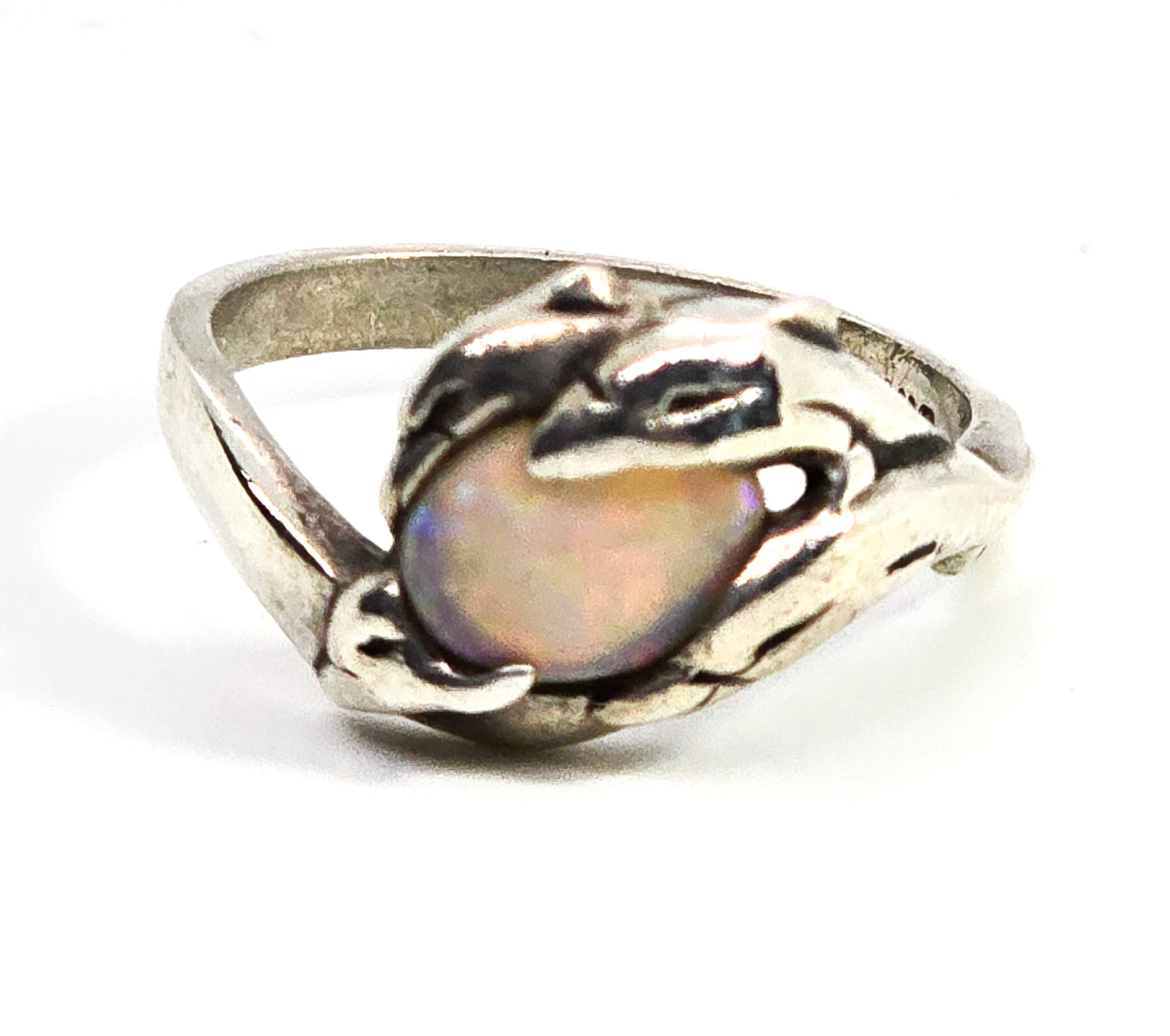 Bright fire opal swimming dolphins sterling silver vintage ring size 6.5