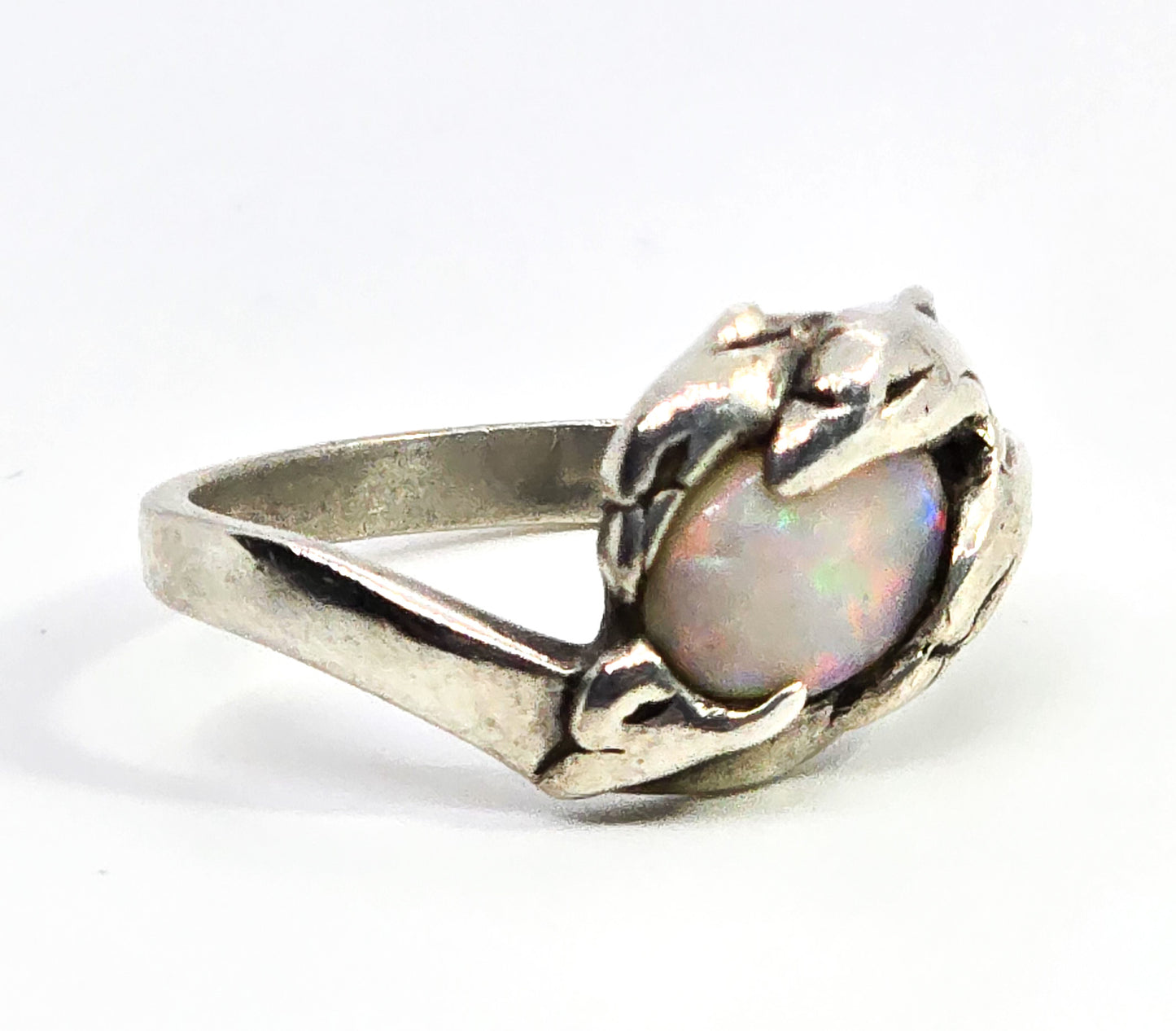 Bright fire opal swimming dolphins sterling silver vintage ring size 6.5