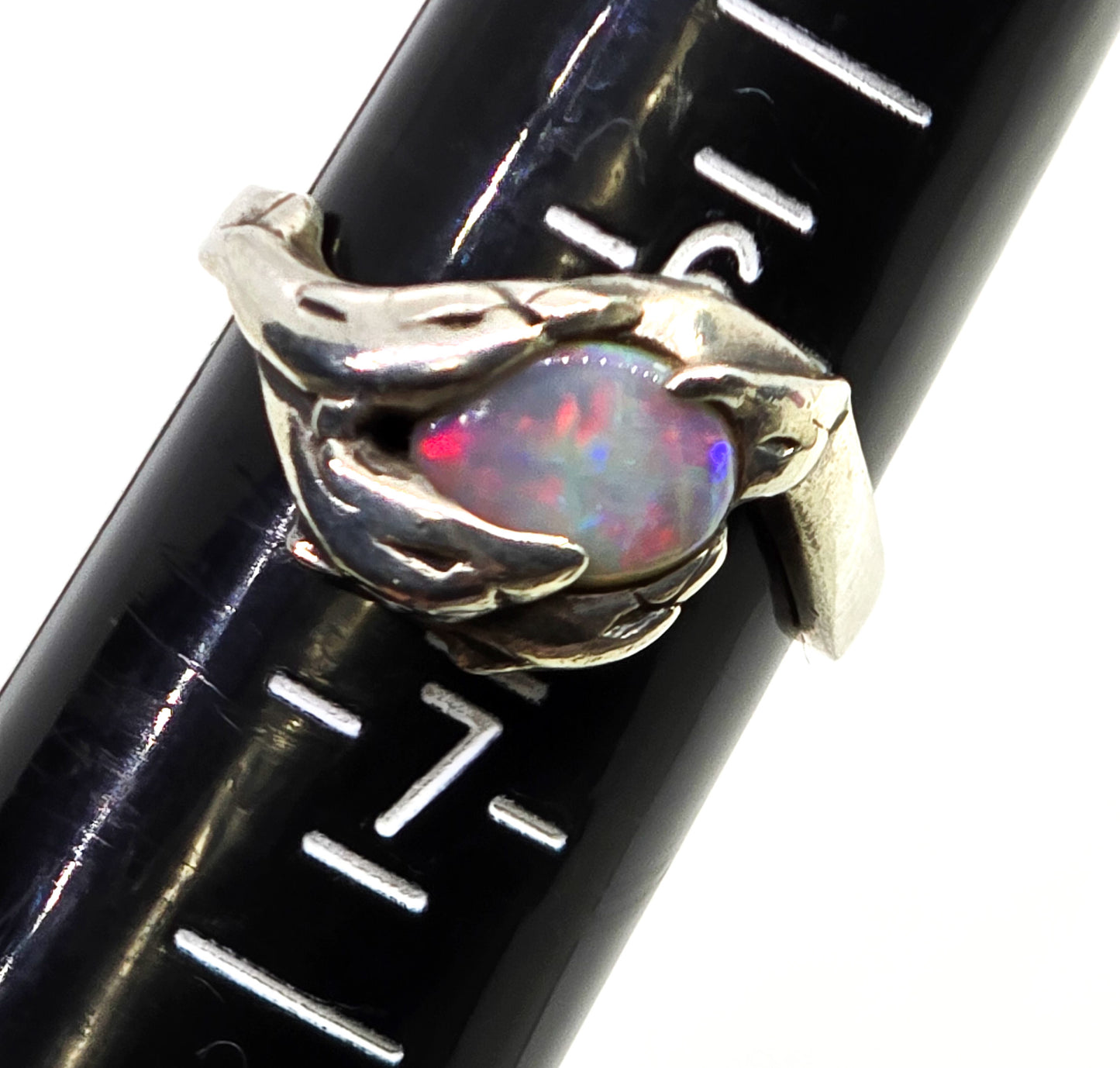 Bright fire opal swimming dolphins sterling silver vintage ring size 6.5