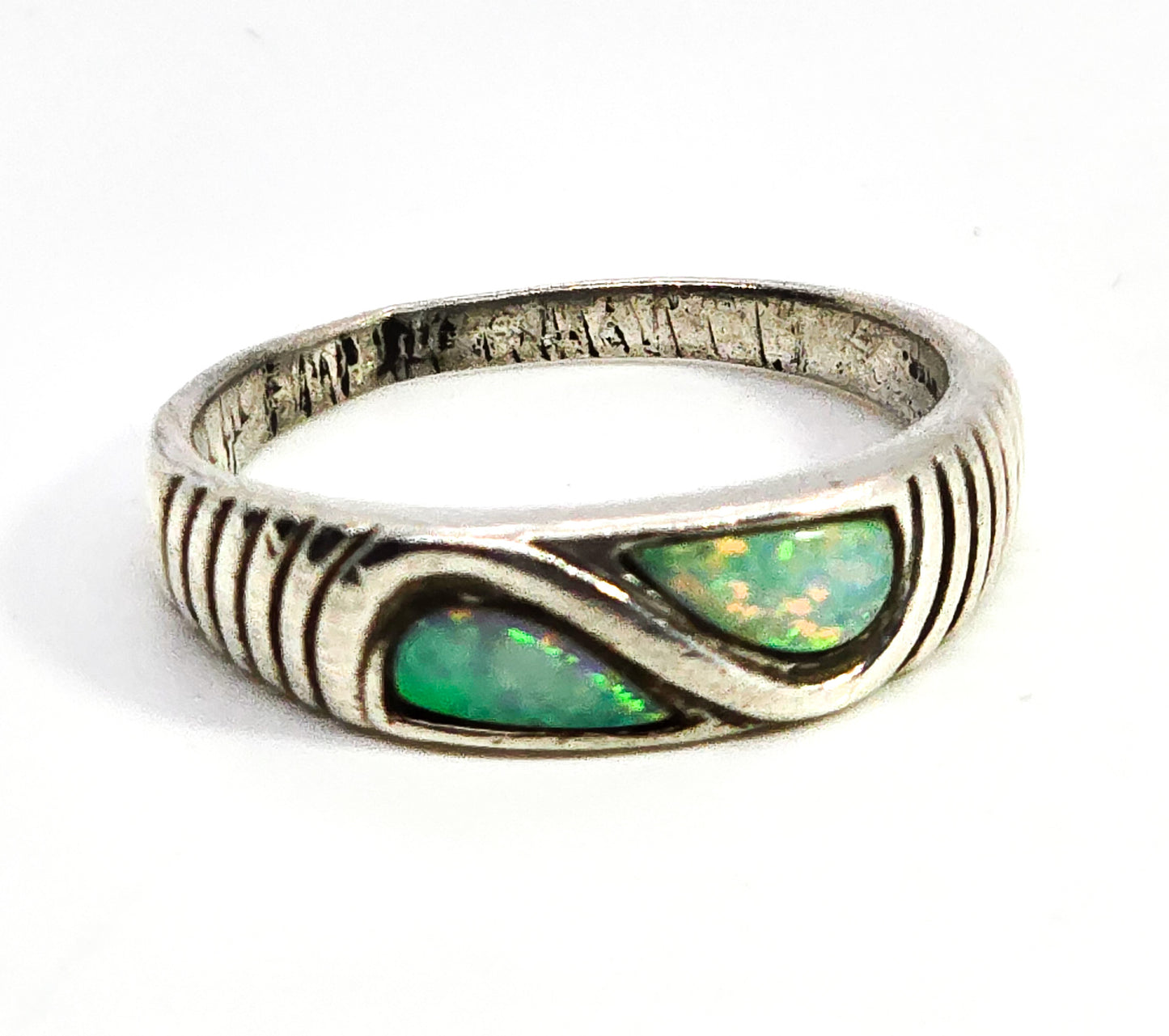 Bright fire opal Dual inlay sterling silver vintage ring band size 9