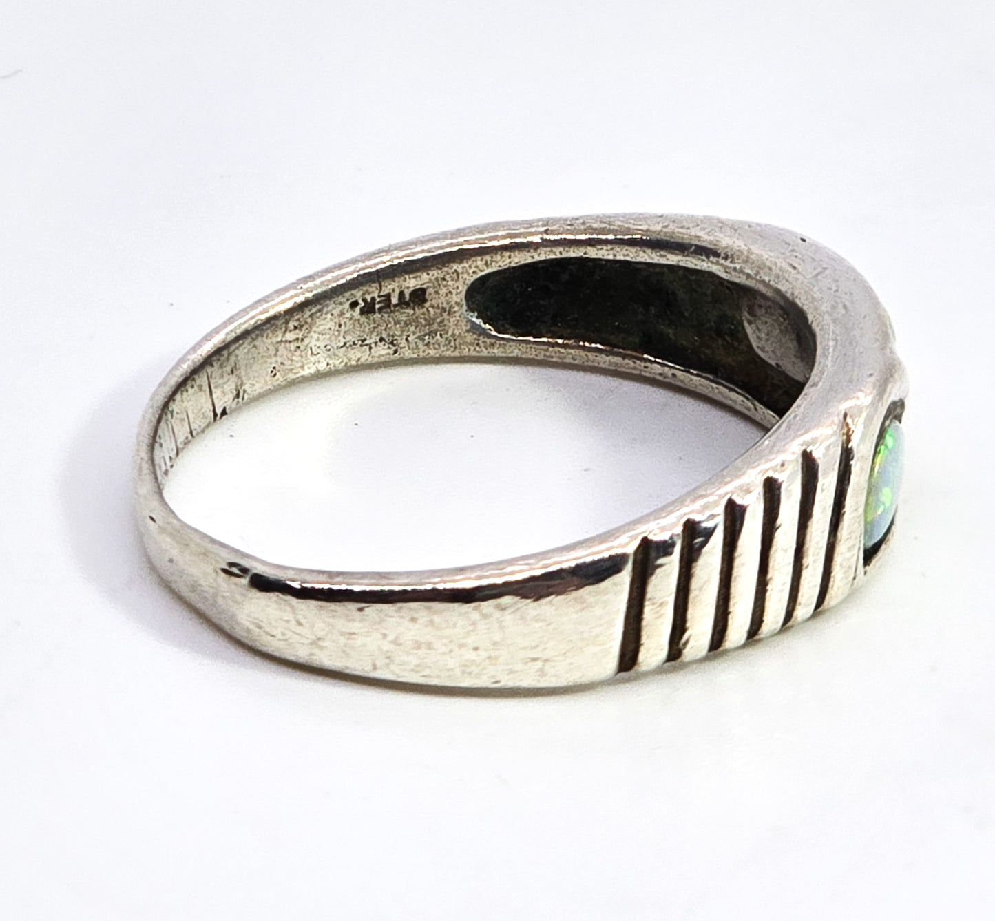 Bright fire opal Dual inlay sterling silver vintage ring band size 9