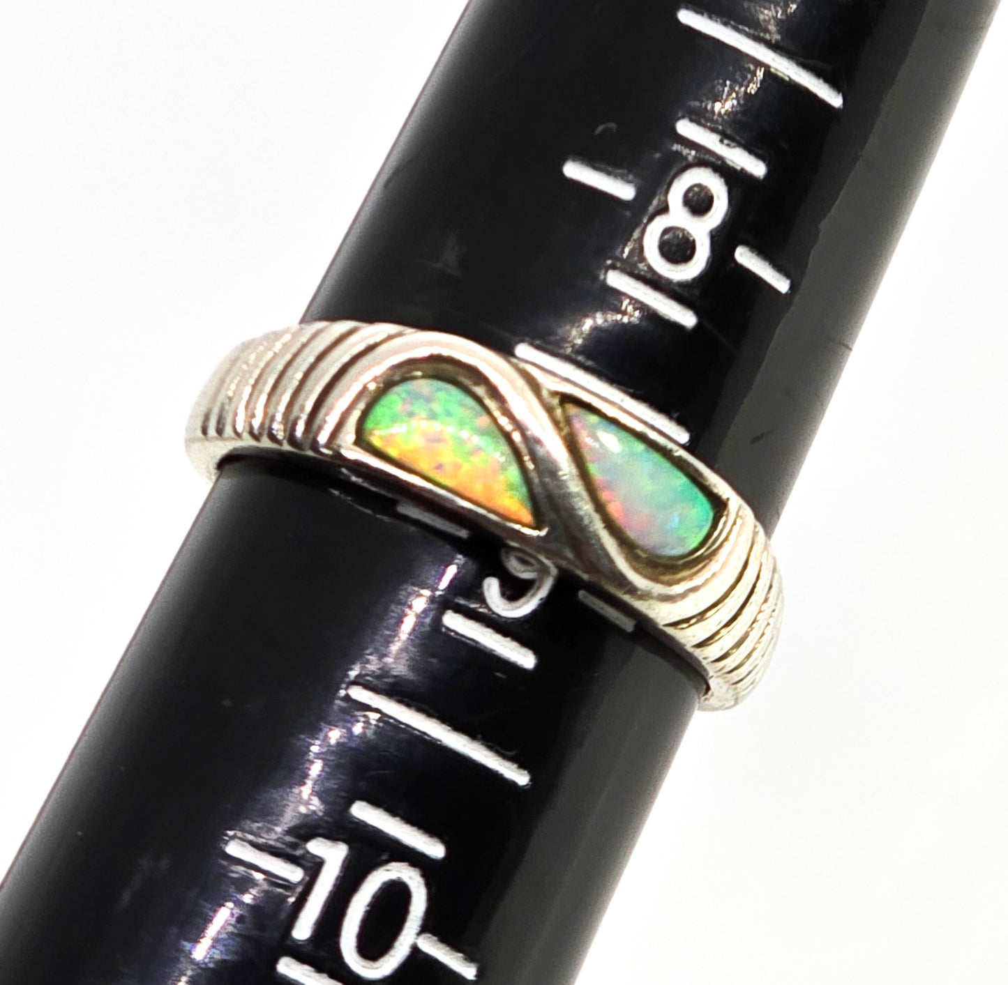 Bright fire opal Dual inlay sterling silver vintage ring band size 9