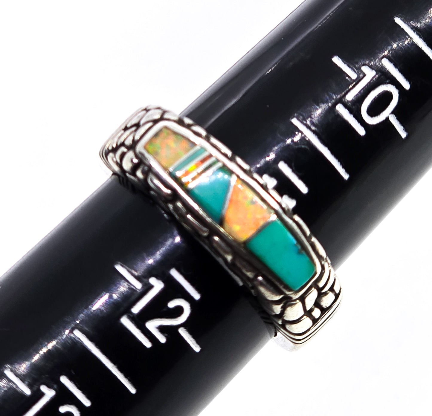 Fire opal turquoise Dual inlay sterling silver men's vintage pebble ring band size 11