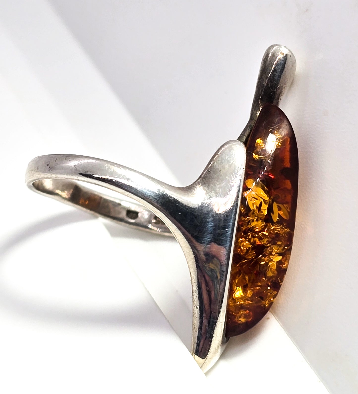 Baltic Amber Large vintage Leaf Polish Gdansk sterling silver ring size 7