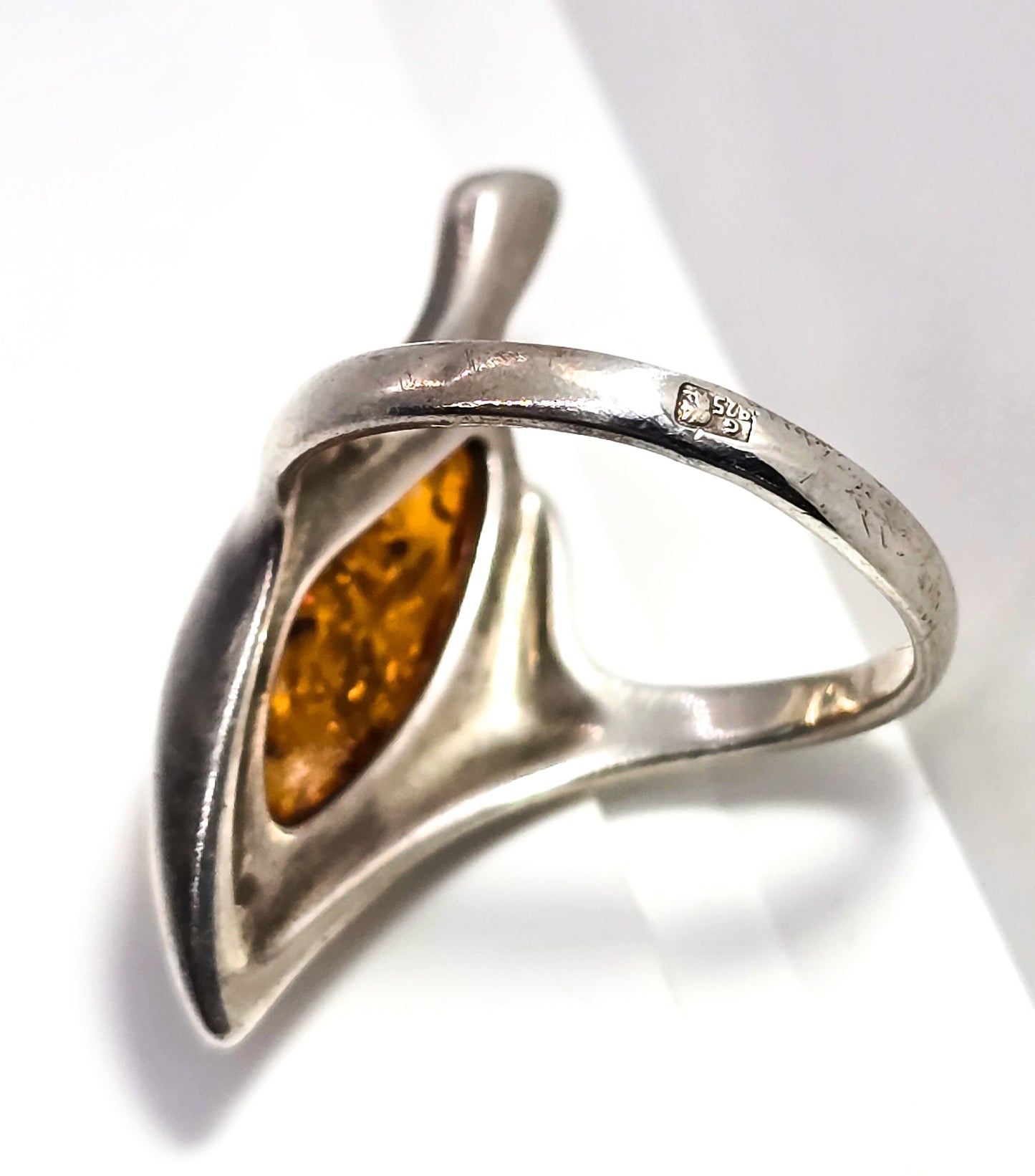 Baltic Amber Large vintage Leaf Polish Gdansk sterling silver ring size 7
