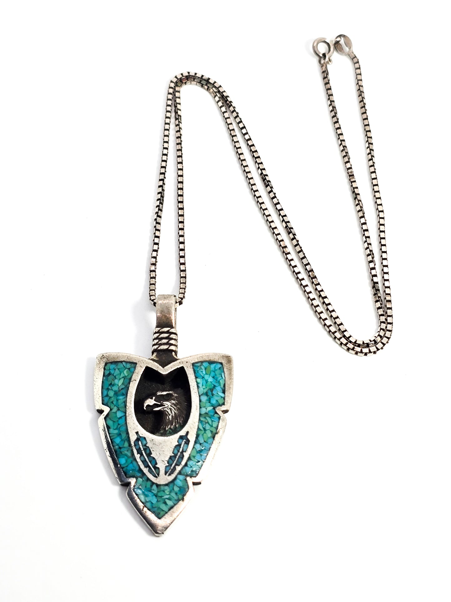 Eagle shadowbox turquoise chip inlay sterling silver vintage arrow 20" necklace