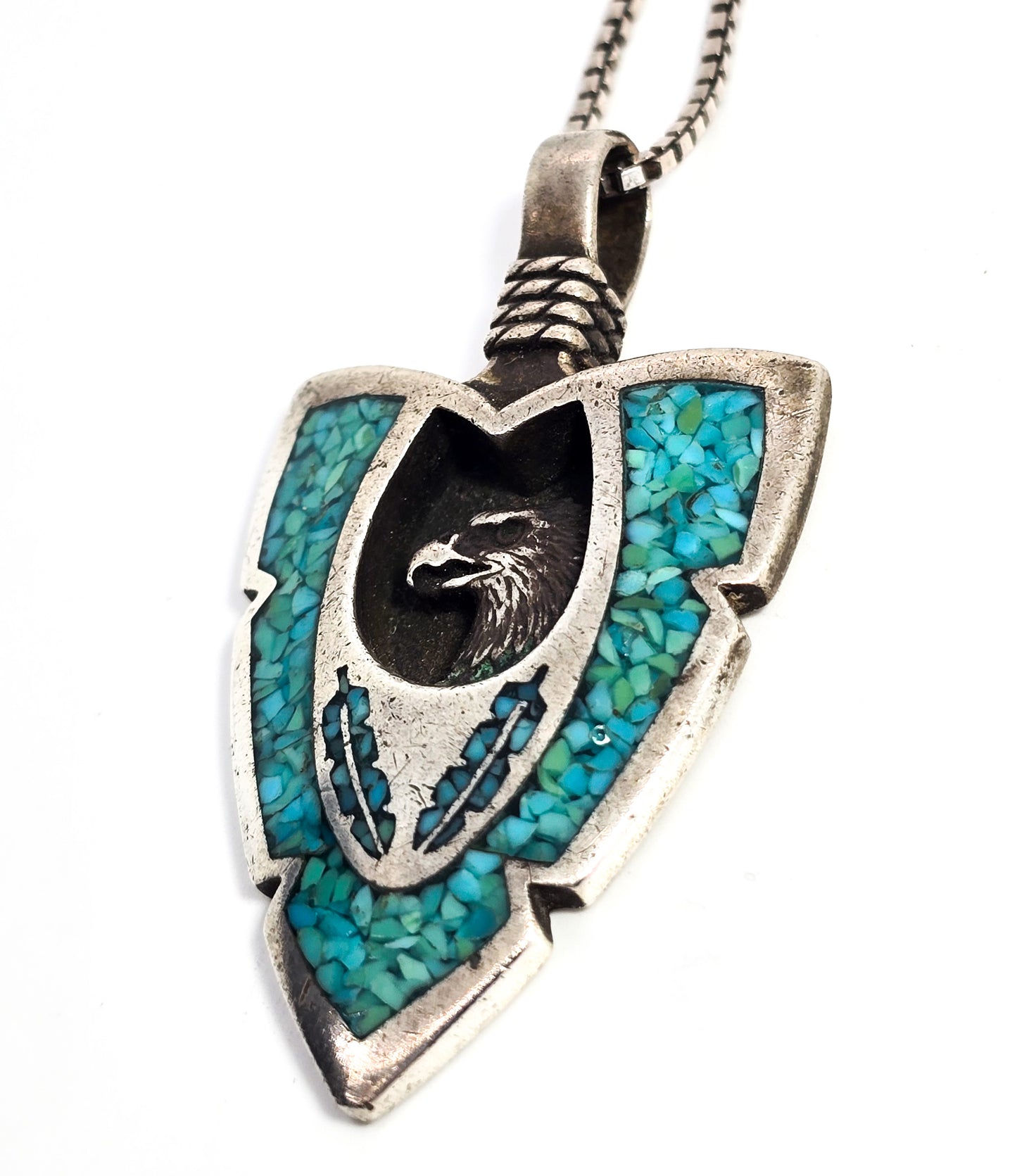 Eagle shadowbox turquoise chip inlay sterling silver vintage arrow 20" necklace