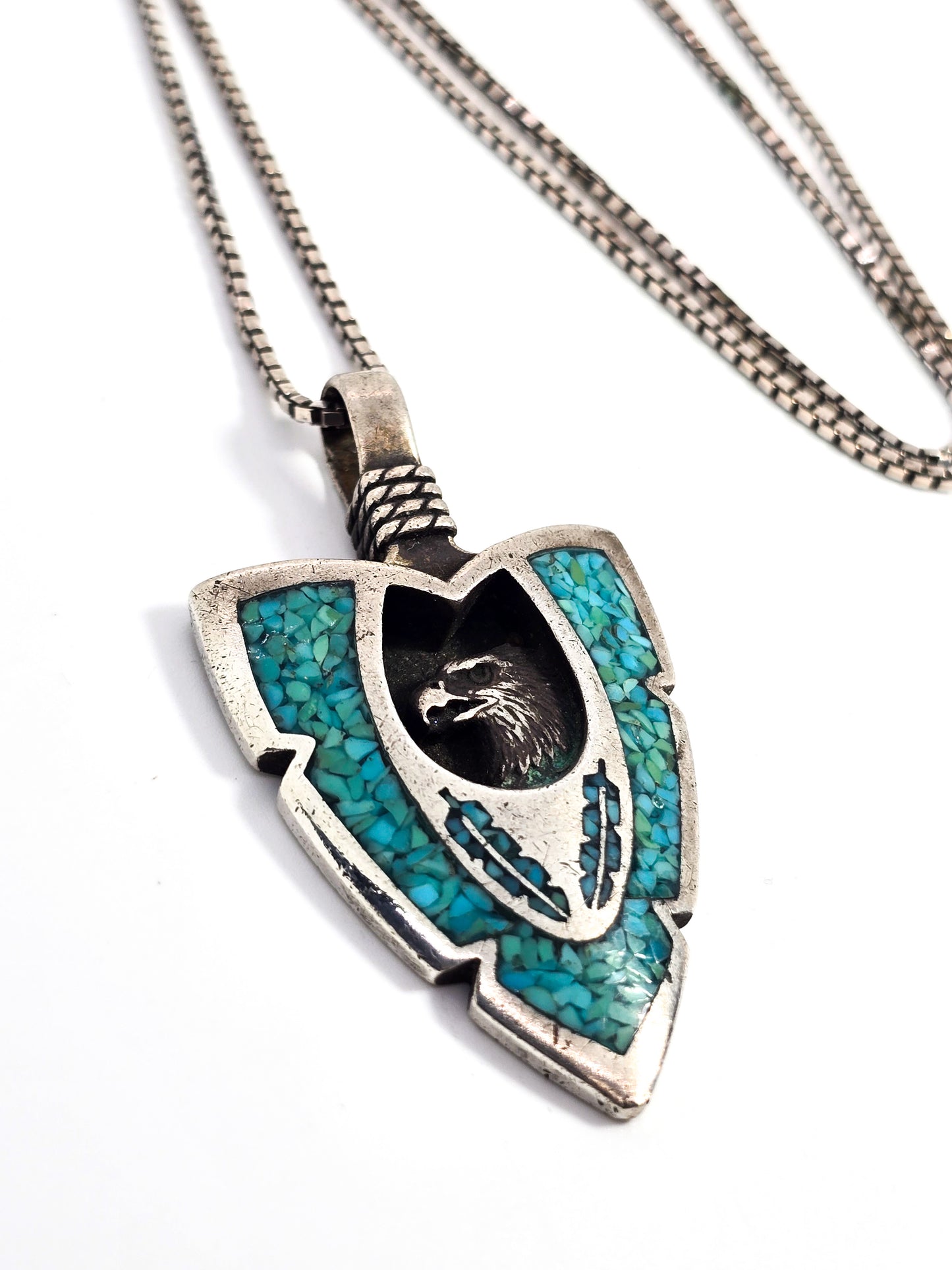 Eagle shadowbox turquoise chip inlay sterling silver vintage arrow 20" necklace