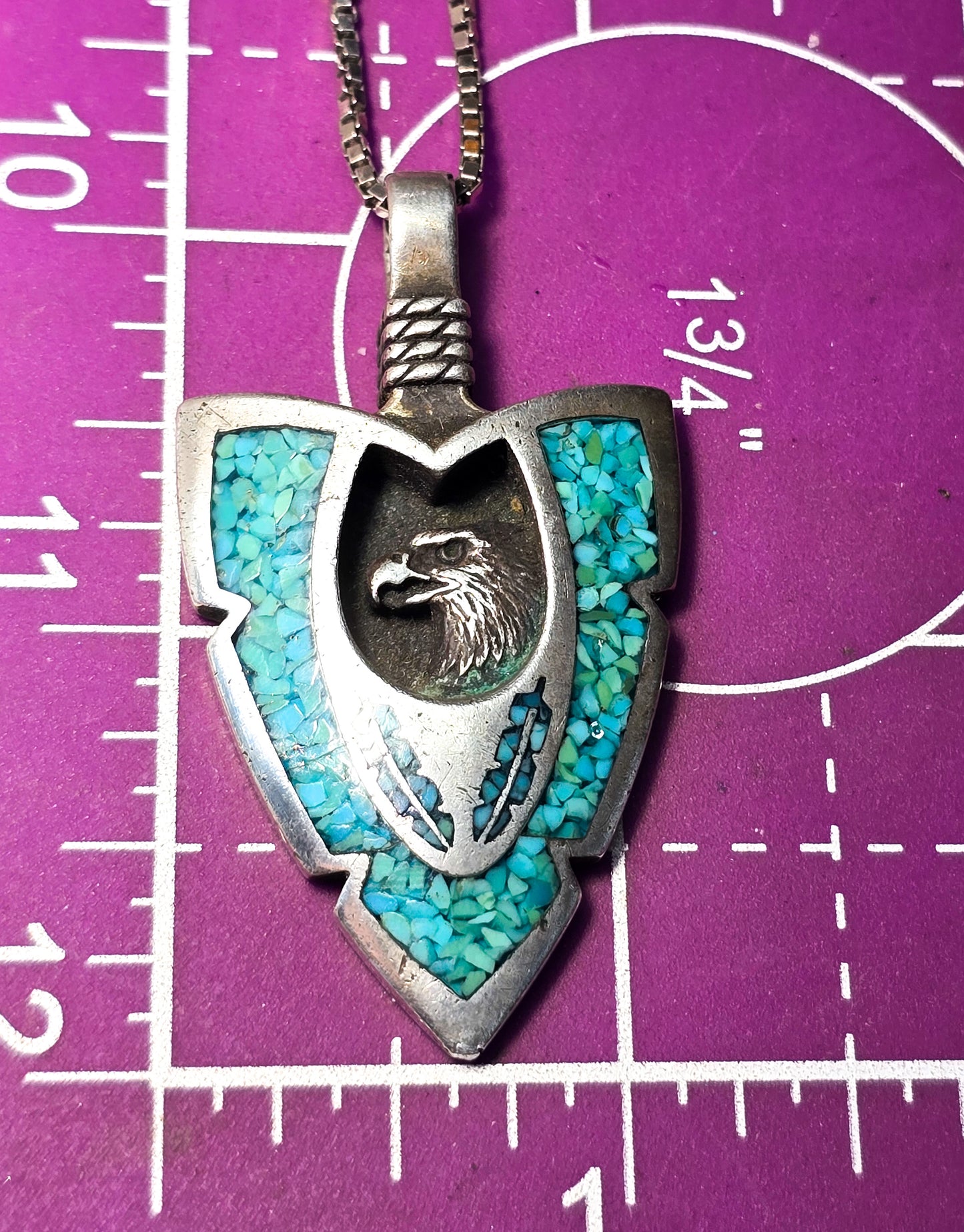 Eagle shadowbox turquoise chip inlay sterling silver vintage arrow 20" necklace