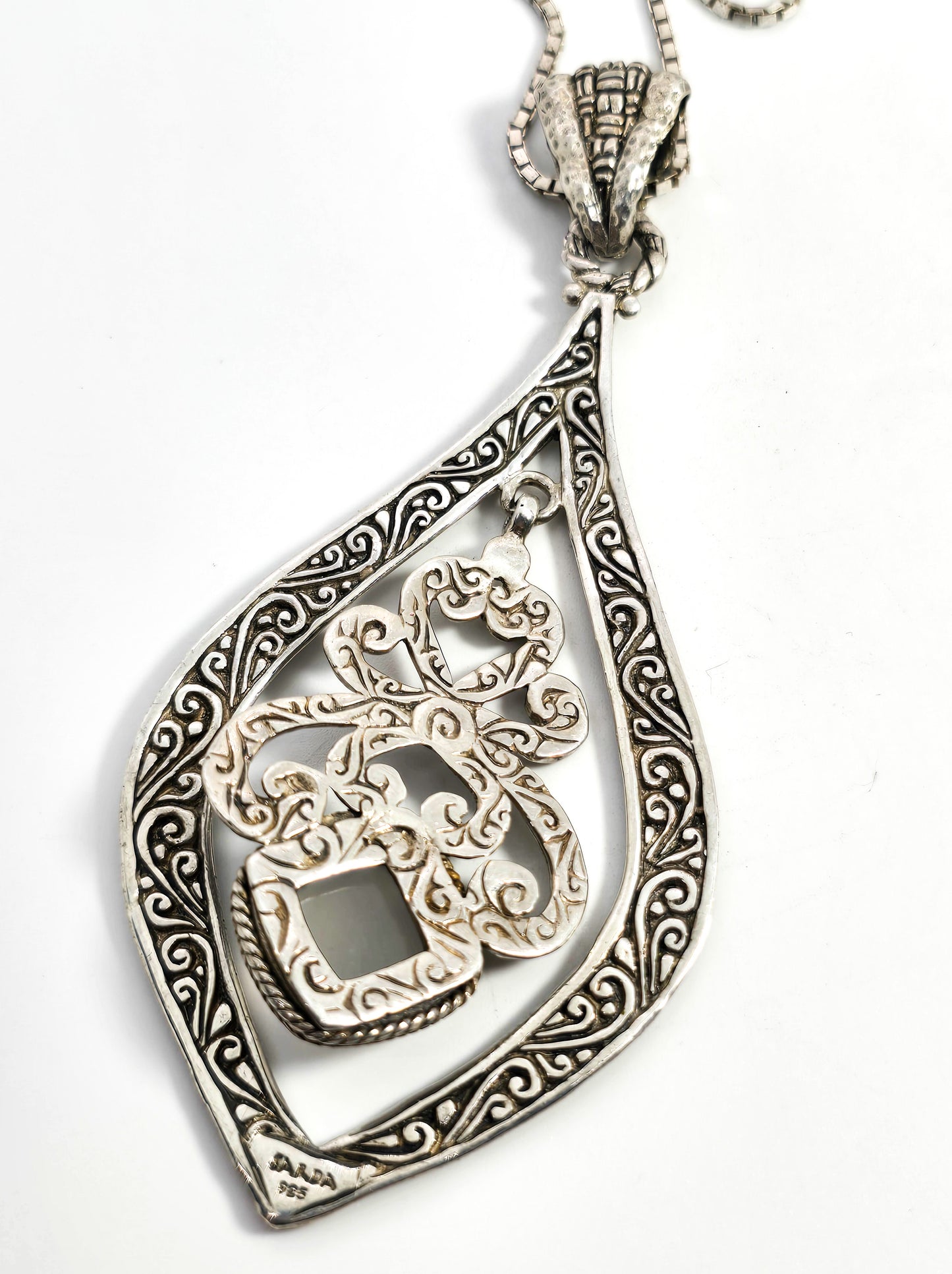Sarda Balinese tribal moonstone articulated sterling silver pendant necklace