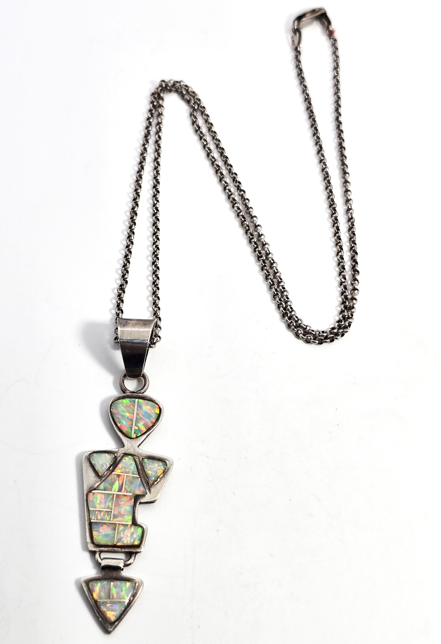 White fire Opal Native Zuni LM vintage sterling silver pendant necklace