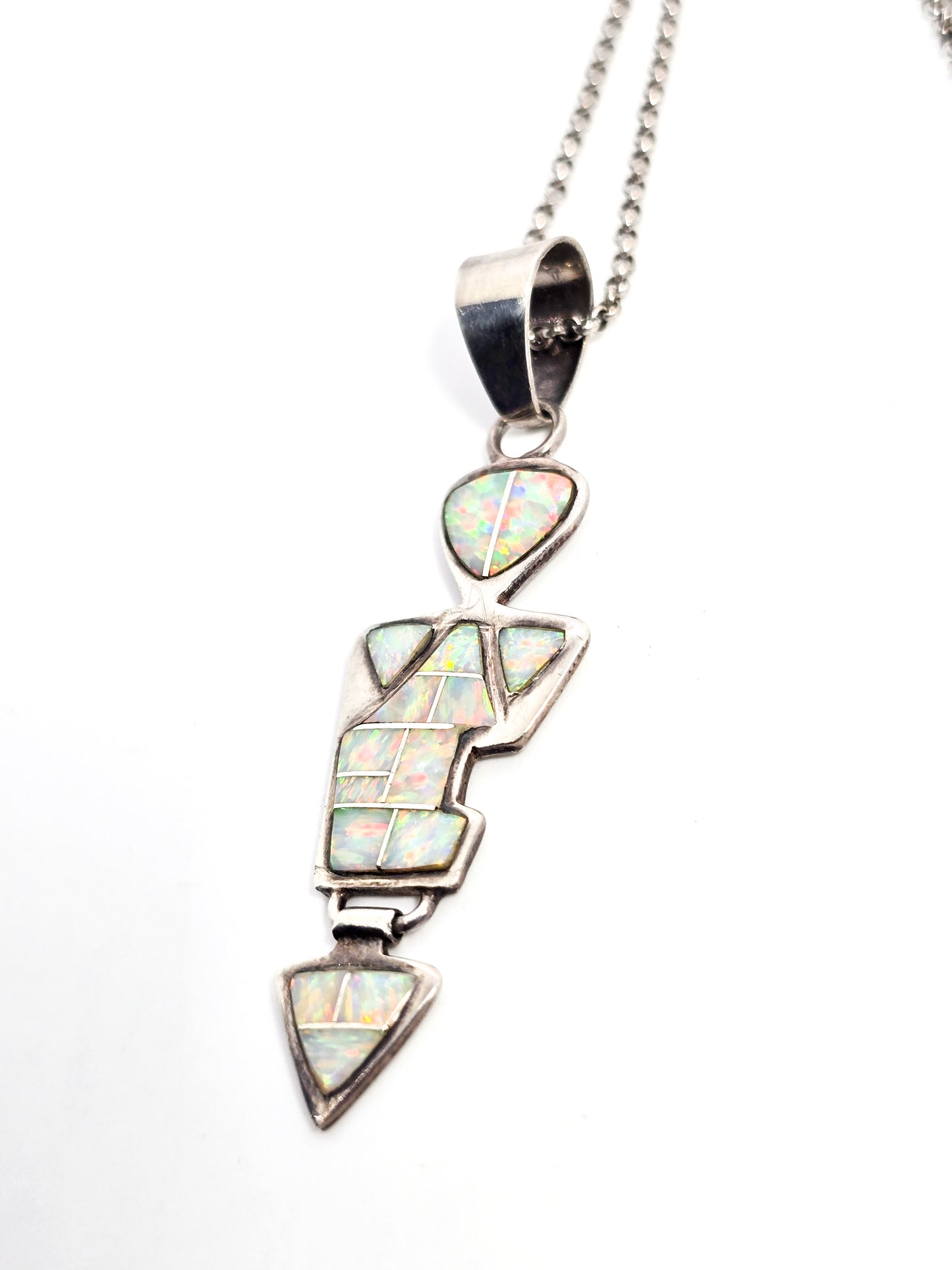 White fire Opal Native Zuni LM vintage sterling silver pendant necklace