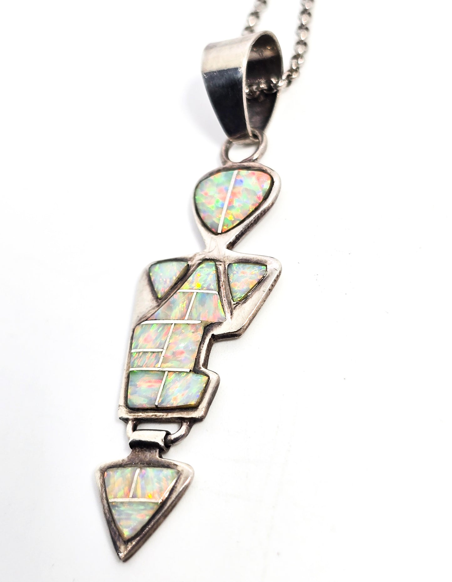 White fire Opal Native Zuni LM vintage sterling silver pendant necklace