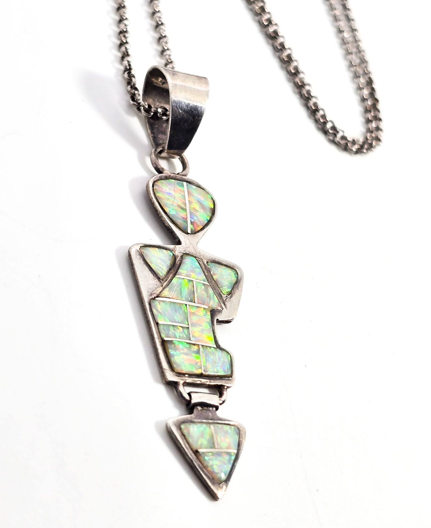 White fire Opal Native Zuni LM vintage sterling silver pendant necklace