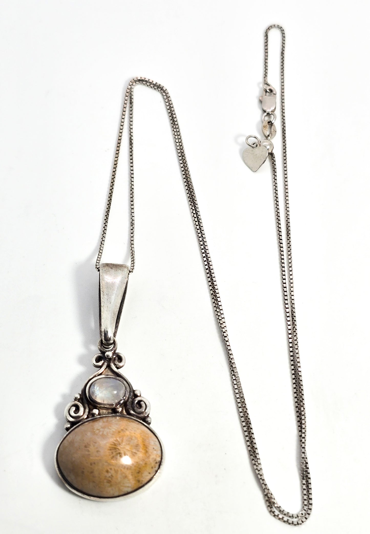 Sajen rainbow moonstone fossilized coral tribal Bali sterling silver 24" necklace