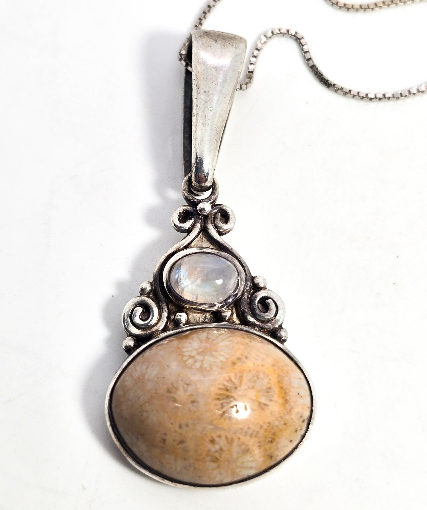 Sajen rainbow moonstone fossilized coral tribal Bali sterling silver 24" necklace