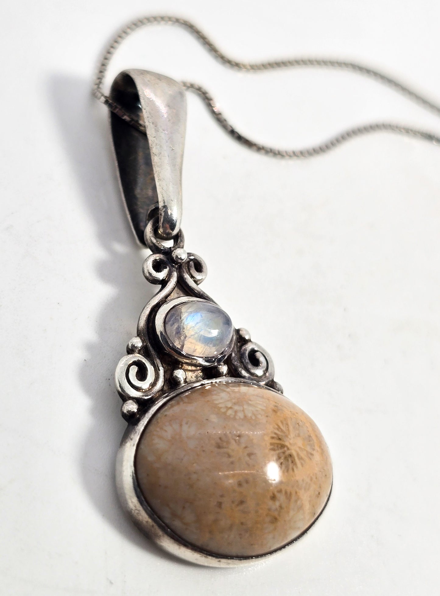 Sajen rainbow moonstone fossilized coral tribal Bali sterling silver 24" necklace