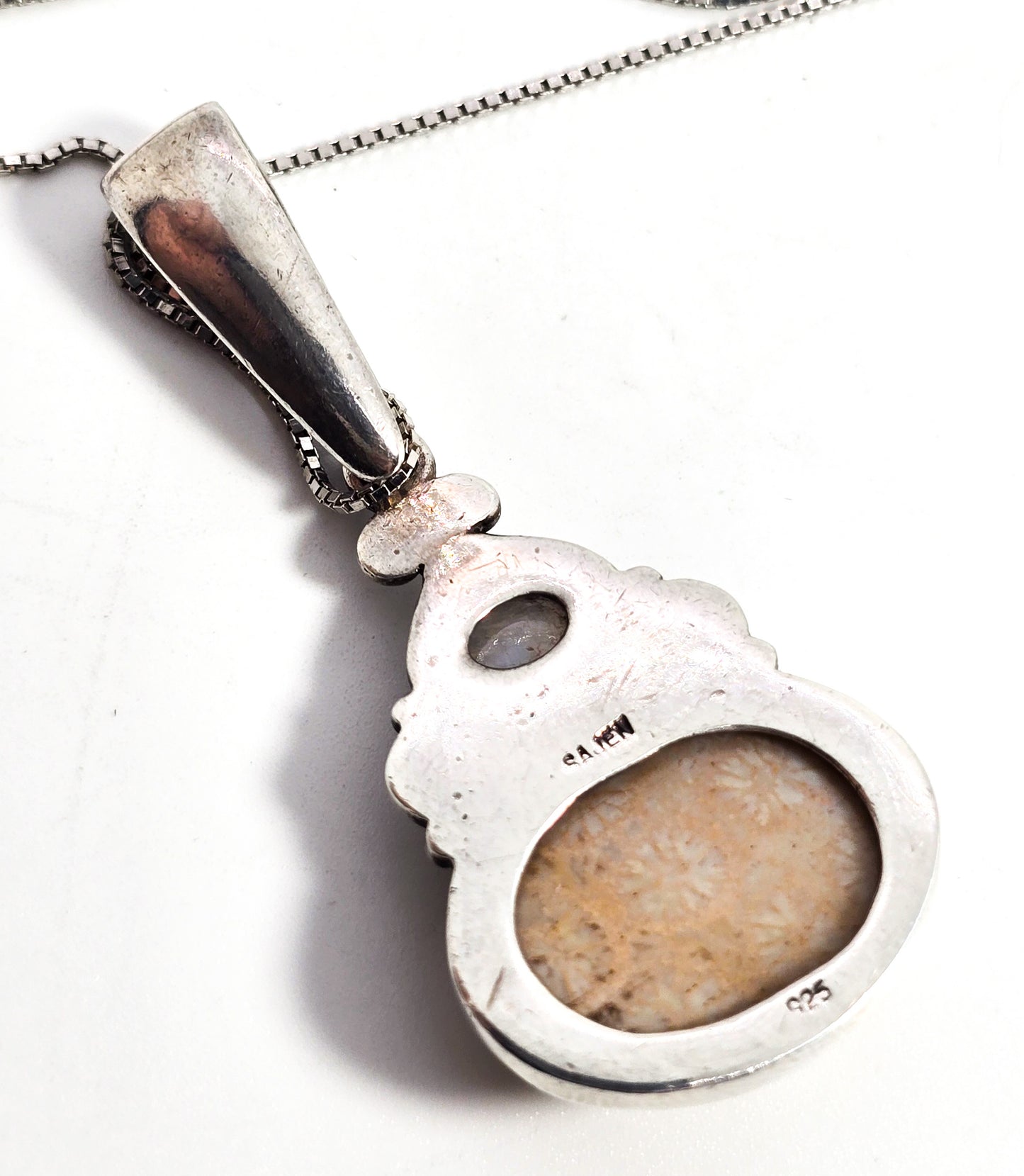 Sajen rainbow moonstone fossilized coral tribal Bali sterling silver 24" necklace