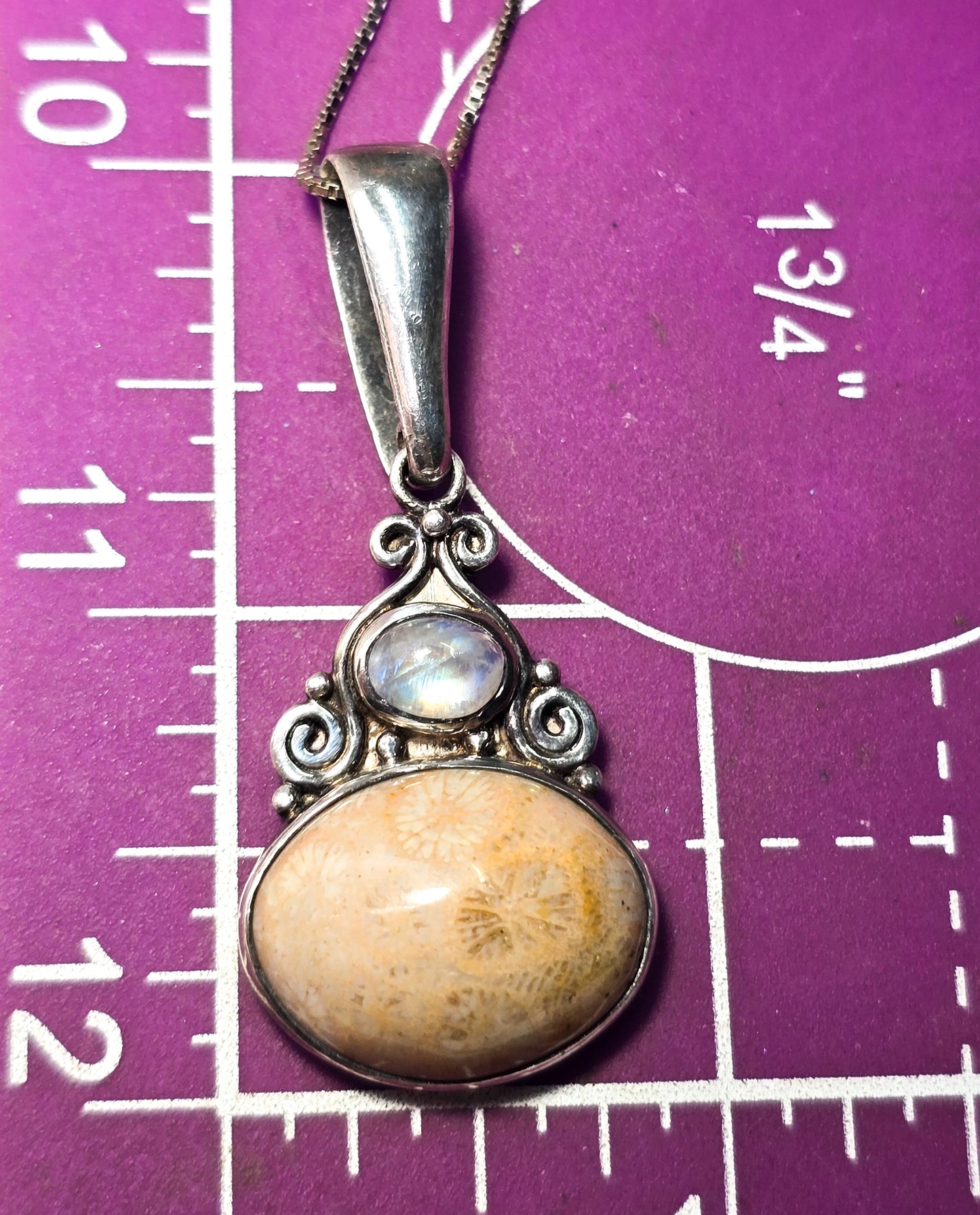 Sajen rainbow moonstone fossilized coral tribal Bali sterling silver 24" necklace