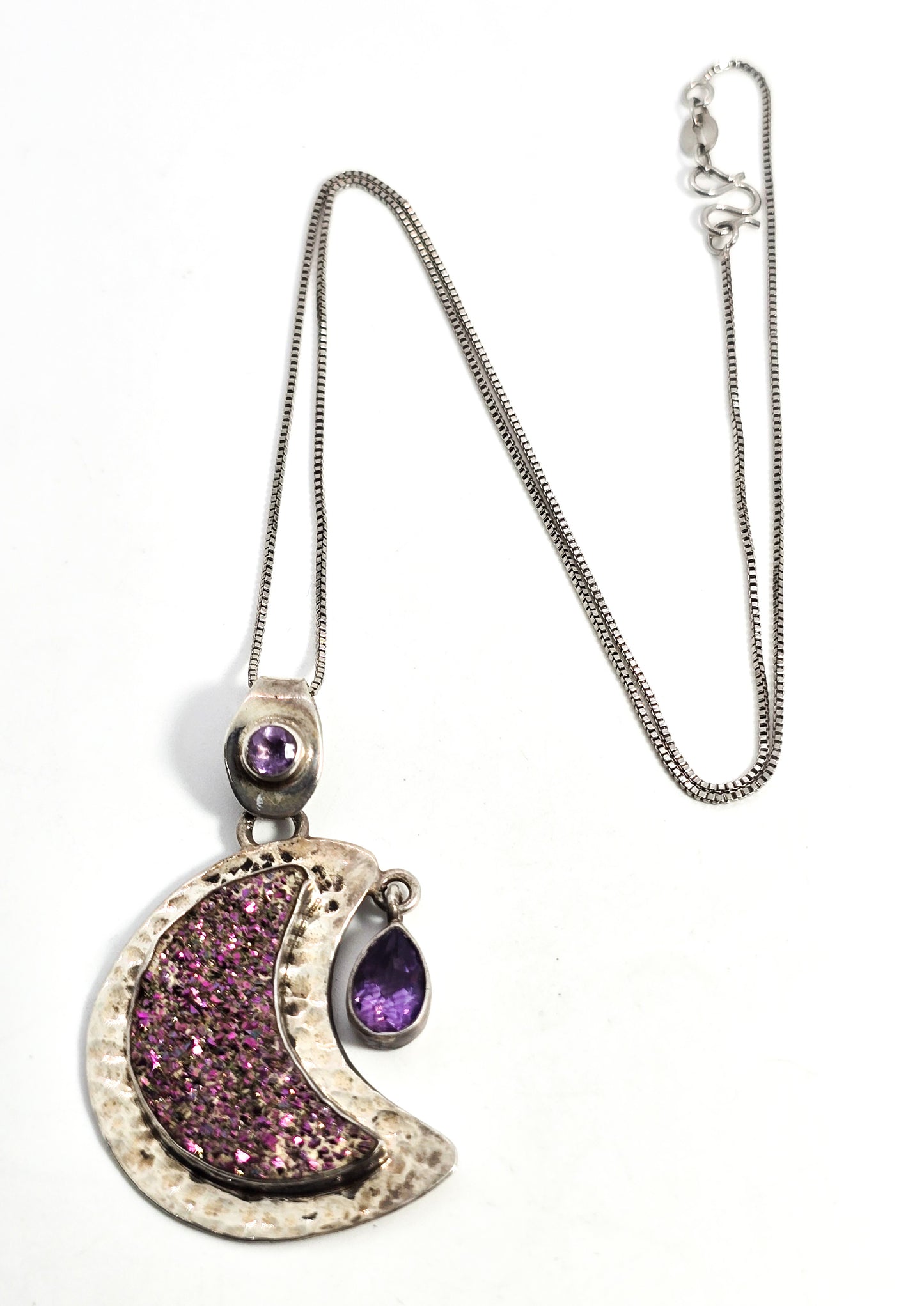 Purple Aura druzy Quartz crescent moon sterling silver amethyst pendant necklace