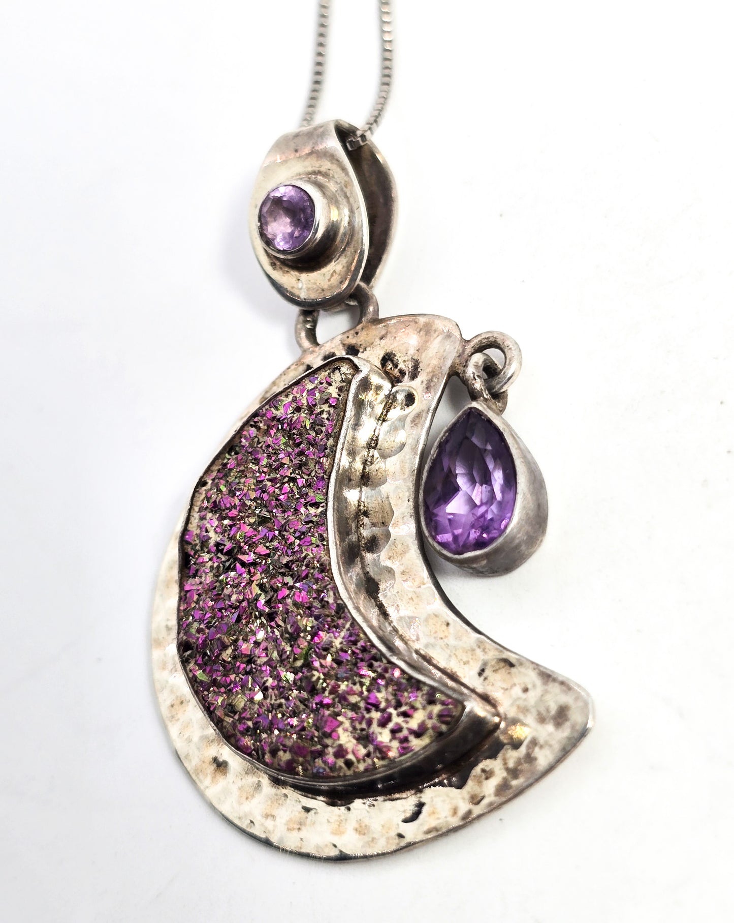 Purple Aura druzy Quartz crescent moon sterling silver amethyst pendant necklace