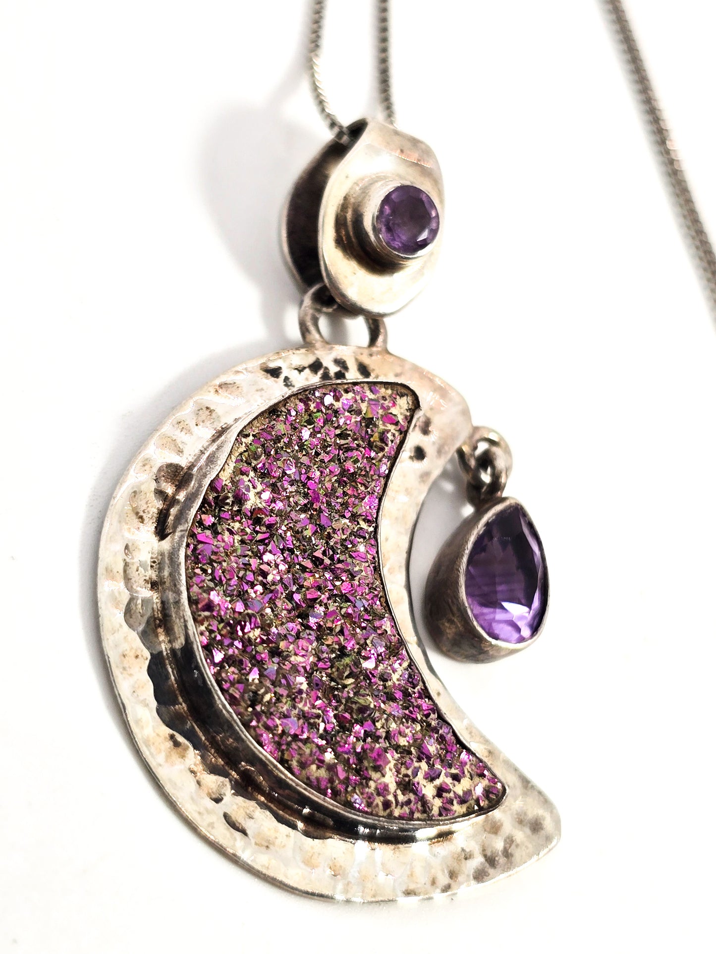 Purple Aura druzy Quartz crescent moon sterling silver amethyst pendant necklace