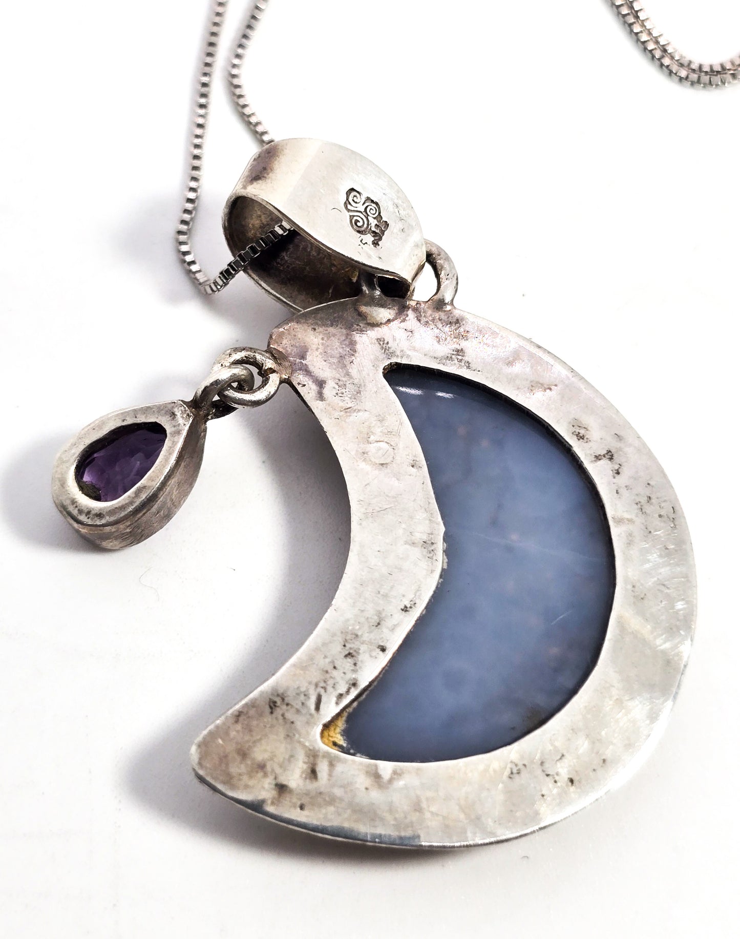 Purple Aura druzy Quartz crescent moon sterling silver amethyst pendant necklace