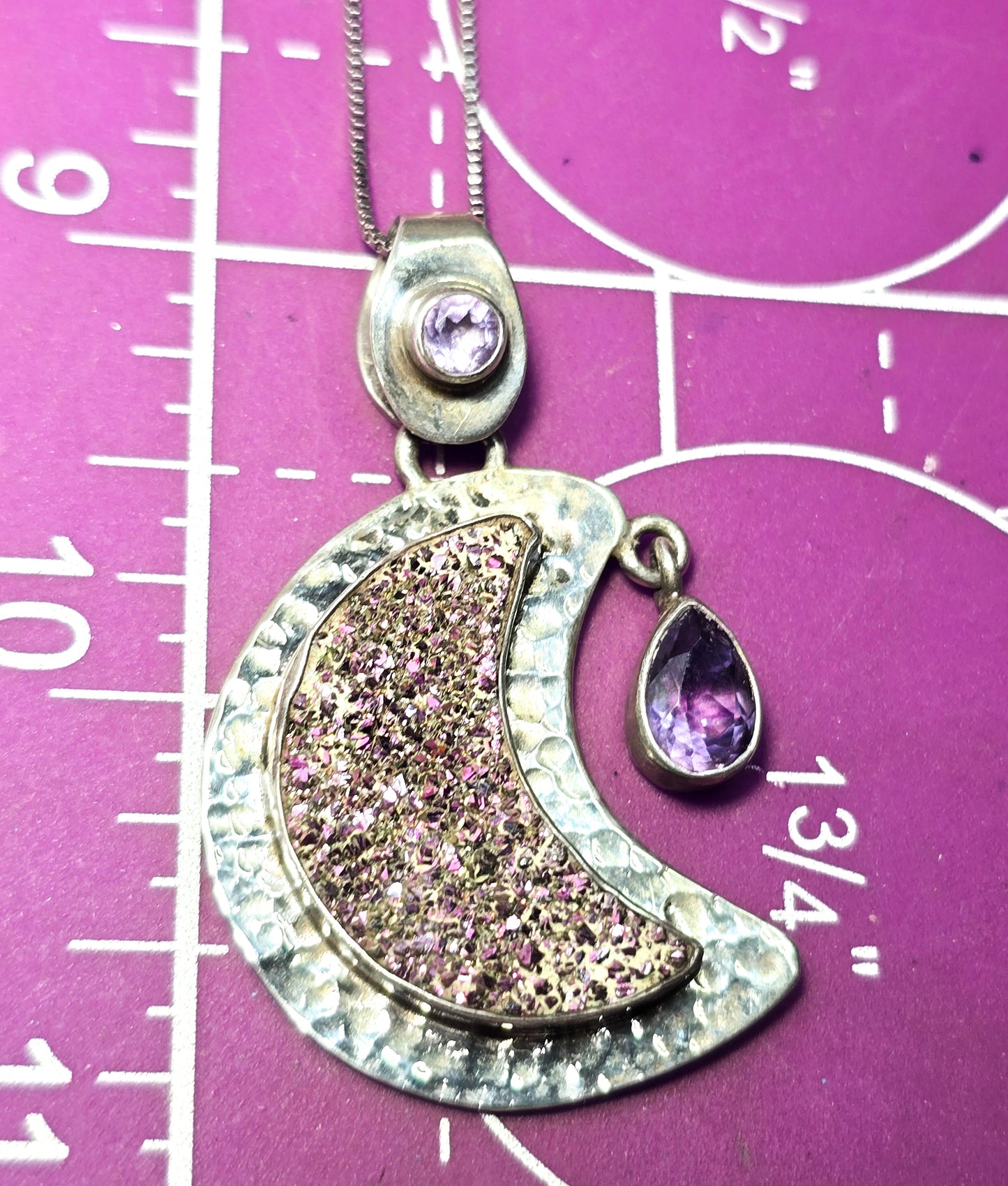 Purple Aura druzy Quartz crescent moon sterling silver amethyst pendant necklace