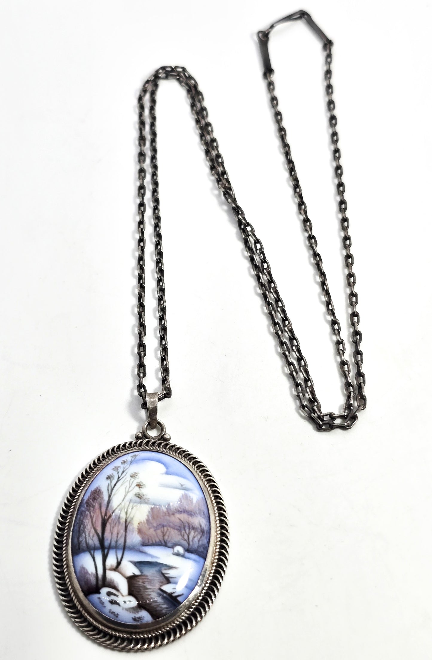 Russian Rostov Finift painted enamel winter landscape silver necklace