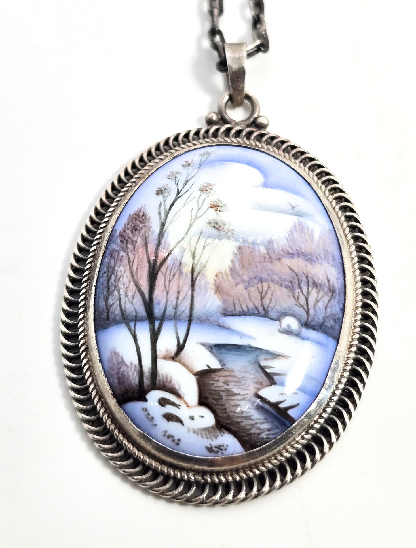 Russian Rostov Finift painted enamel winter landscape silver necklace