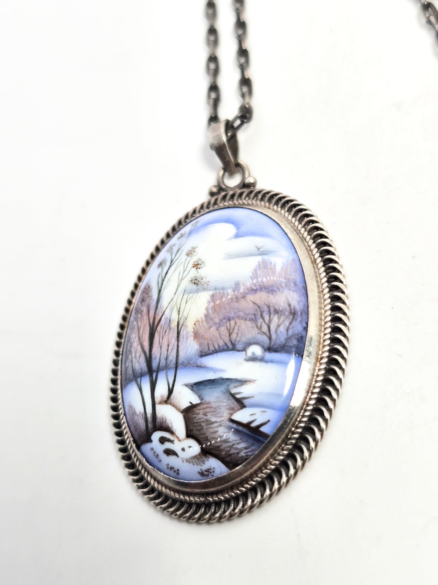 Russian Rostov Finift painted enamel winter landscape silver necklace
