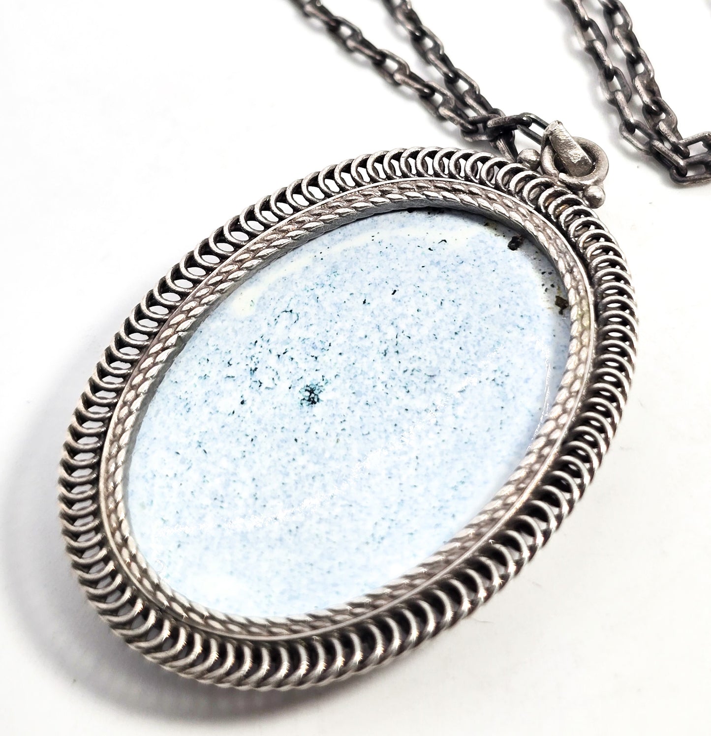 Russian Rostov Finift painted enamel winter landscape silver necklace