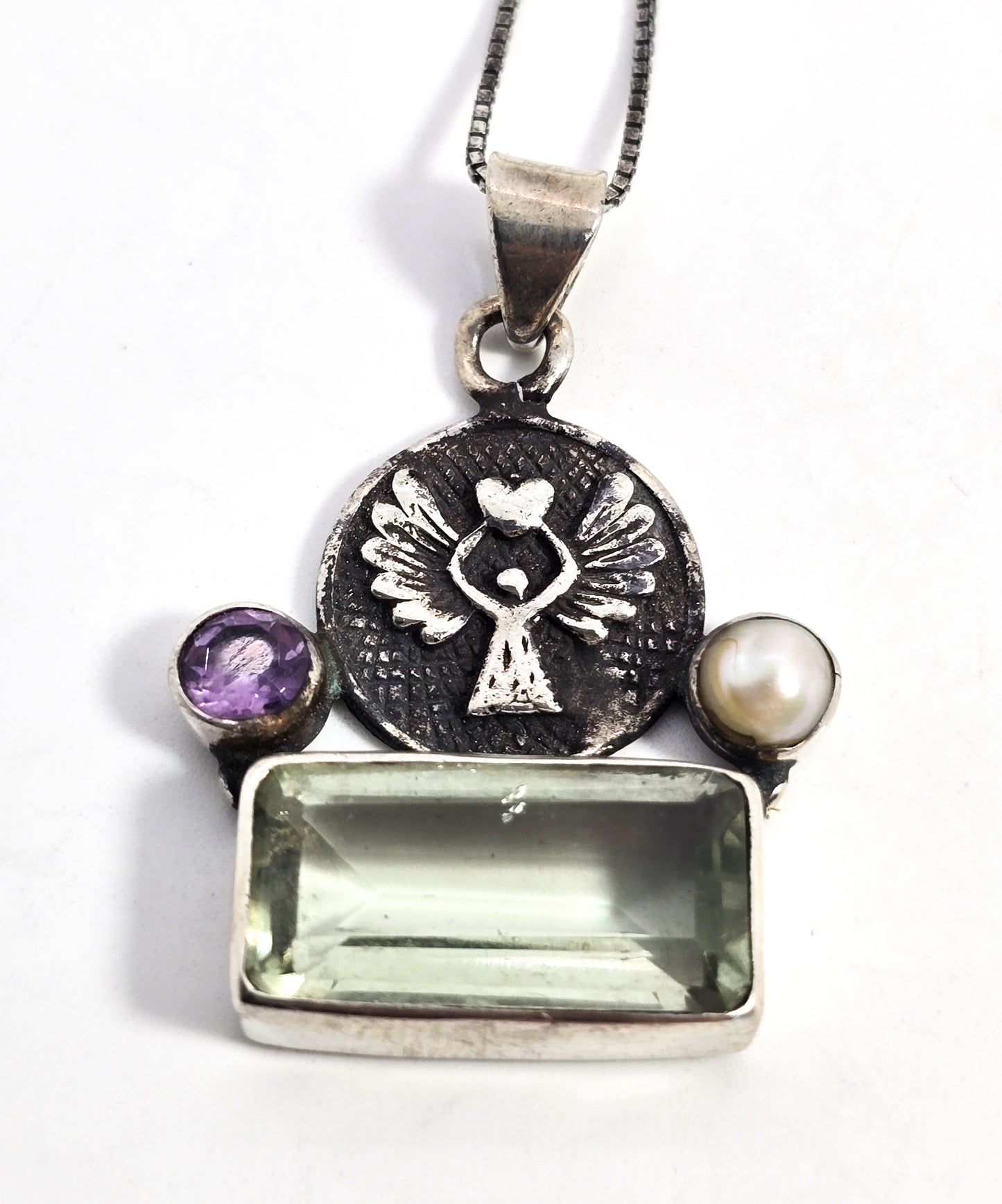 Protection guardian Angel Prasiolite green amethyst pearl sterling silver necklace