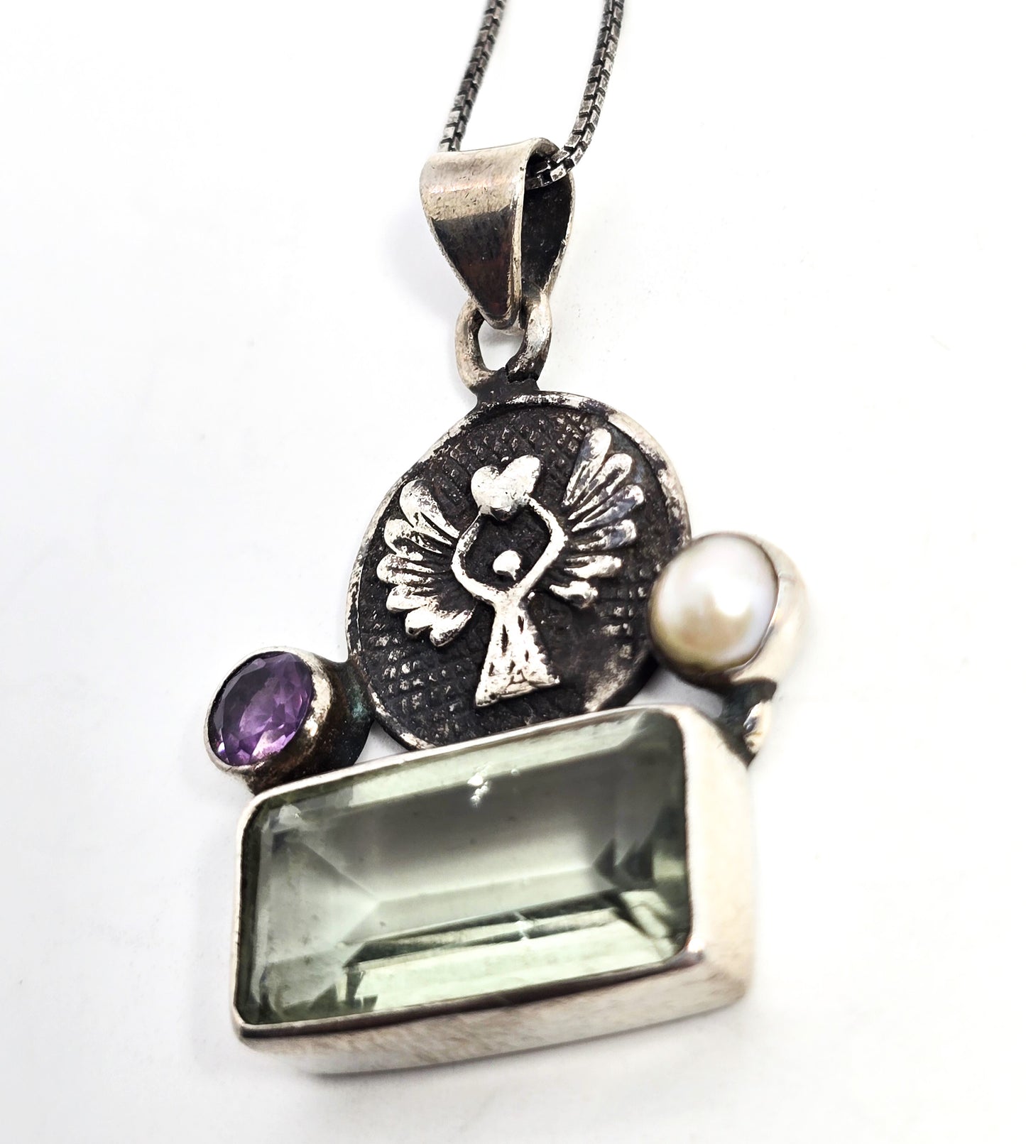 Protection guardian Angel Prasiolite green amethyst pearl sterling silver necklace