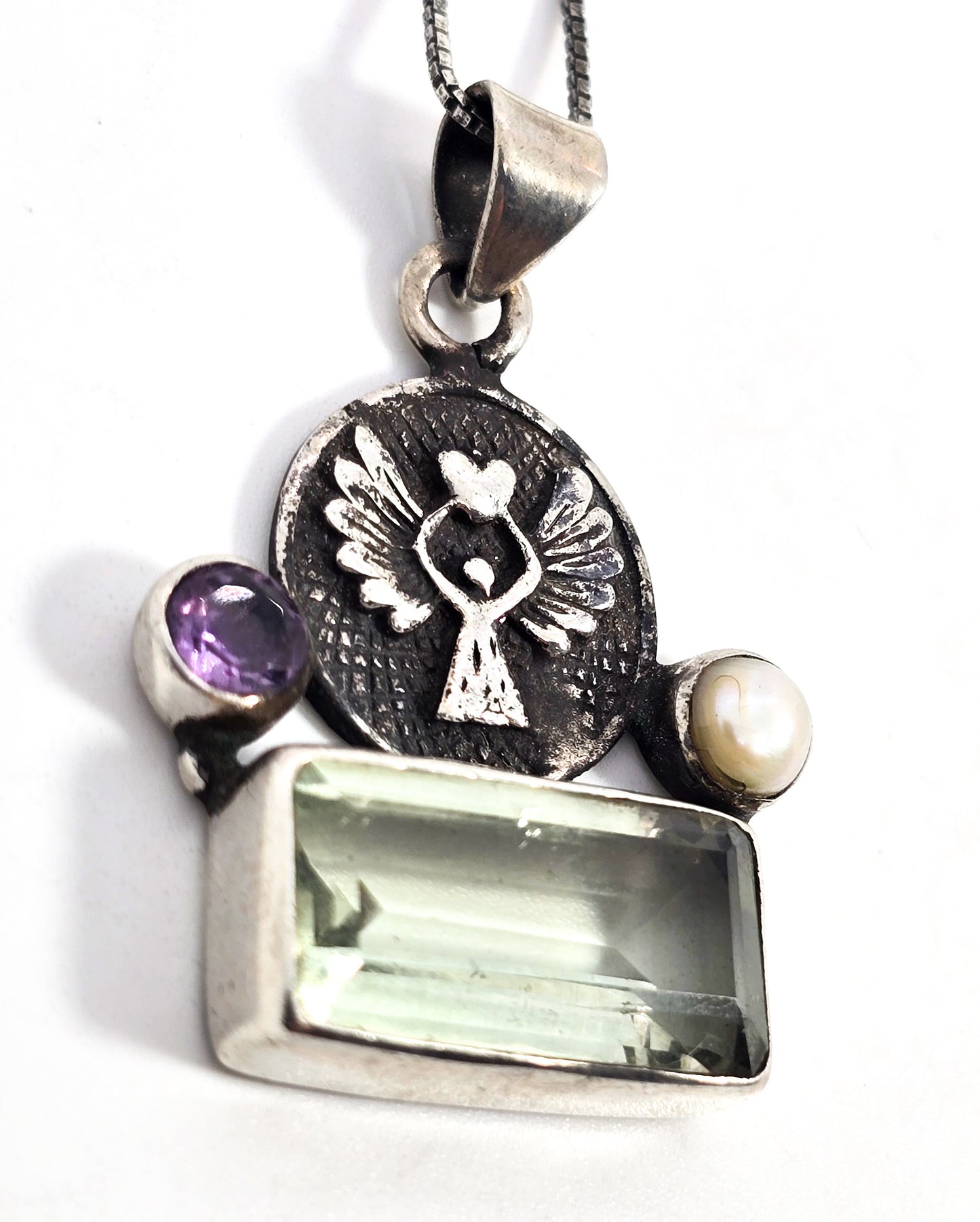 Protection guardian Angel Prasiolite green amethyst pearl sterling silver necklace