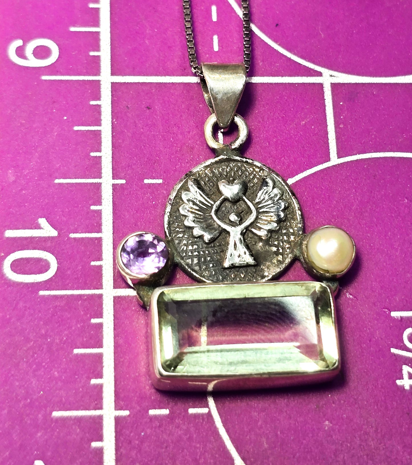 Protection guardian Angel Prasiolite green amethyst pearl sterling silver necklace