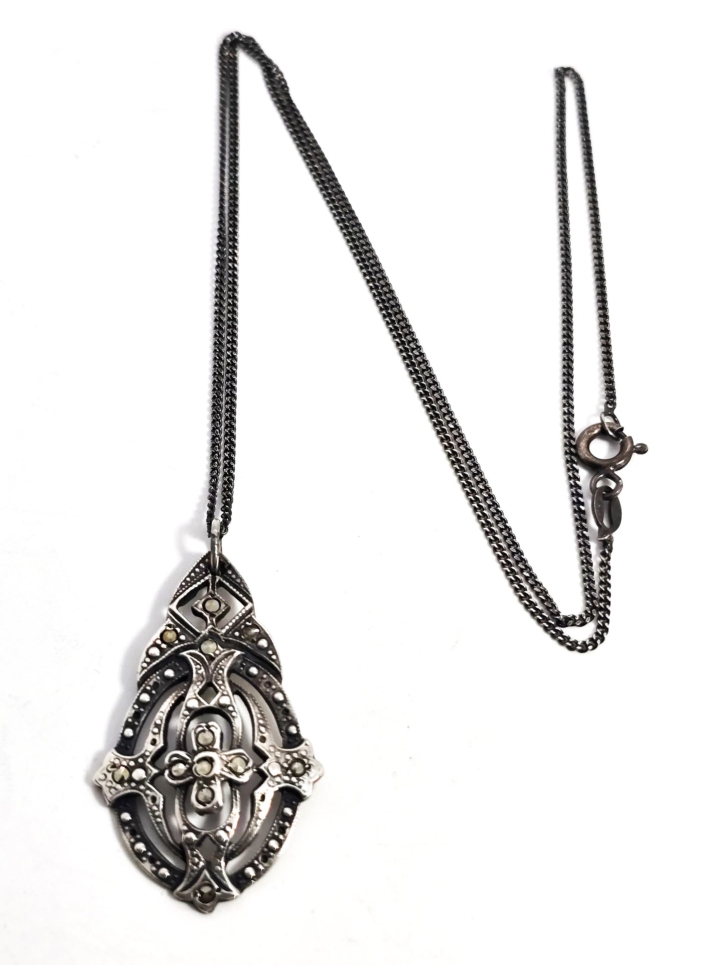 Antique Marcasite open work antique Art Deco sterling silver pendant necklace