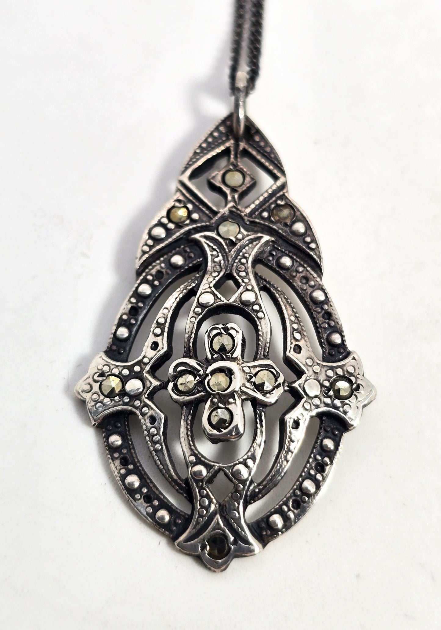 Antique Marcasite open work antique Art Deco sterling silver pendant necklace