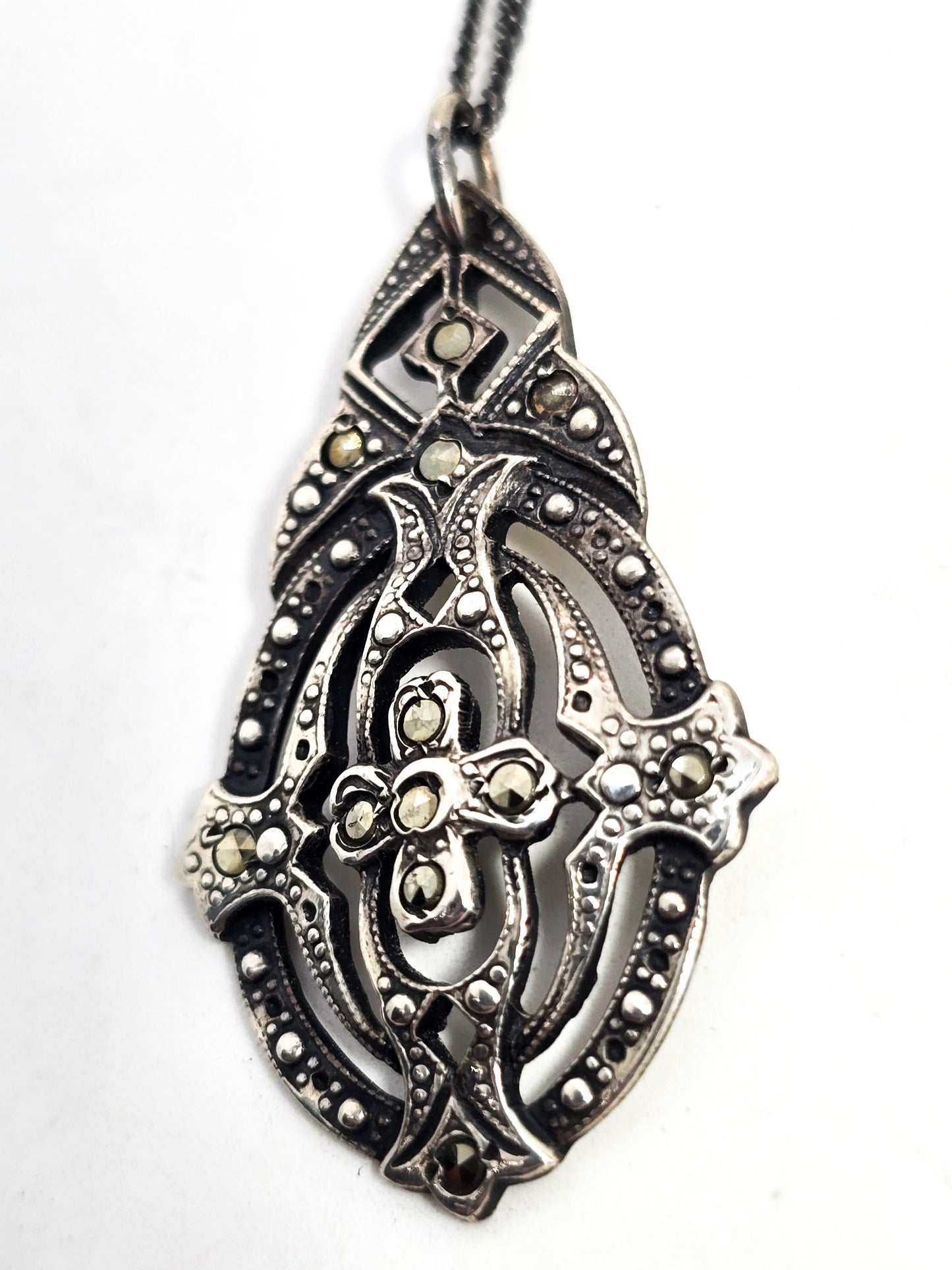 Antique Marcasite open work antique Art Deco sterling silver pendant necklace