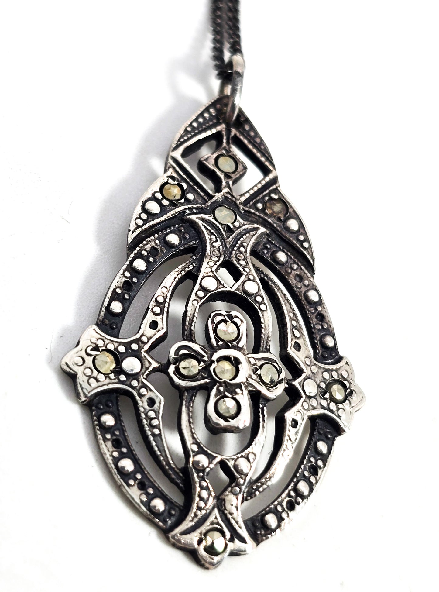 Antique Marcasite open work antique Art Deco sterling silver pendant necklace