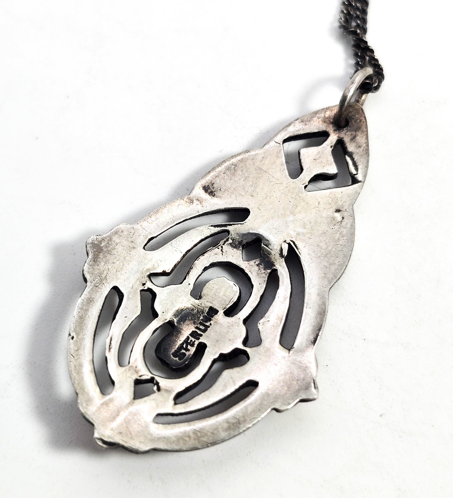 Antique Marcasite open work antique Art Deco sterling silver pendant necklace