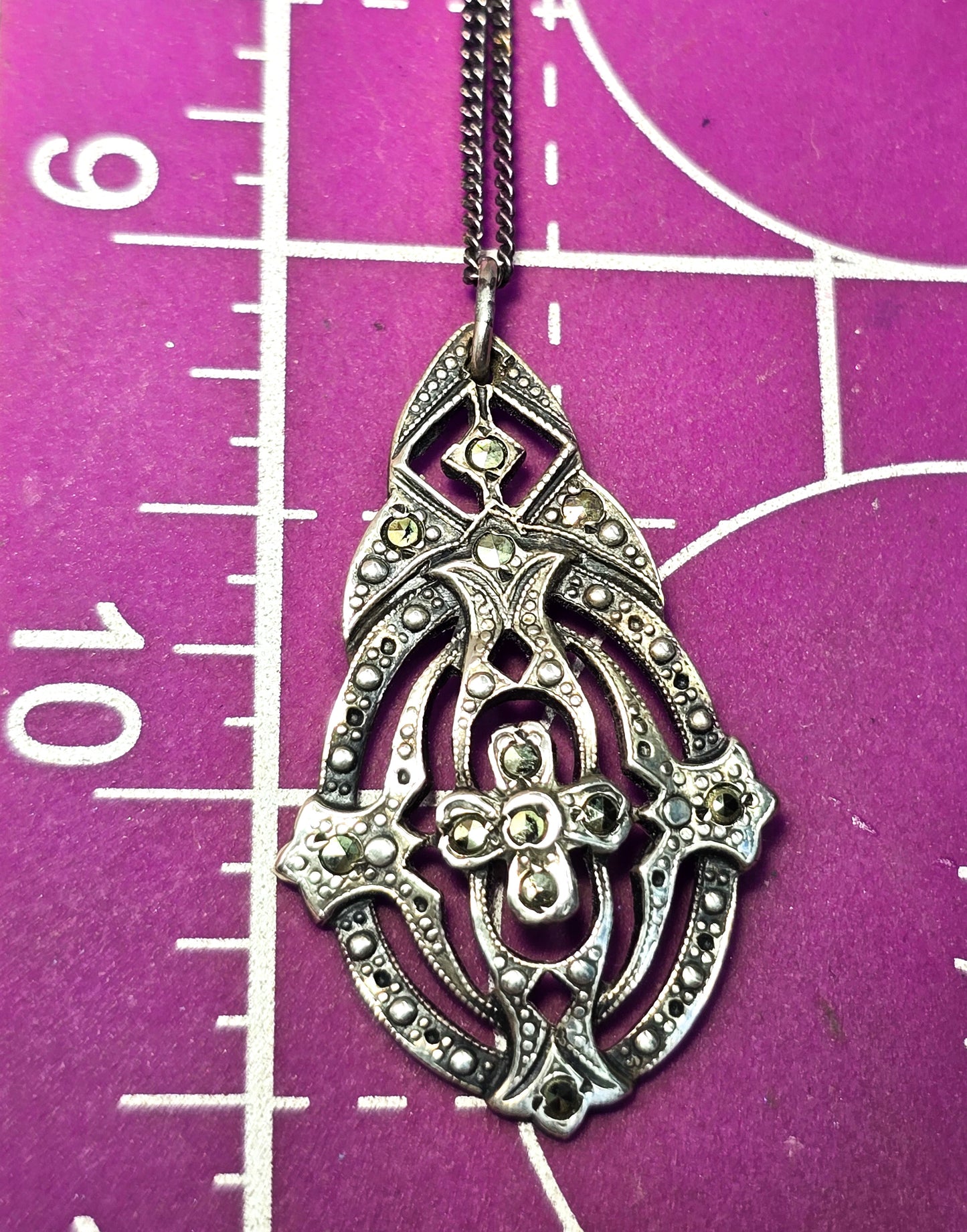 Antique Marcasite open work antique Art Deco sterling silver pendant necklace