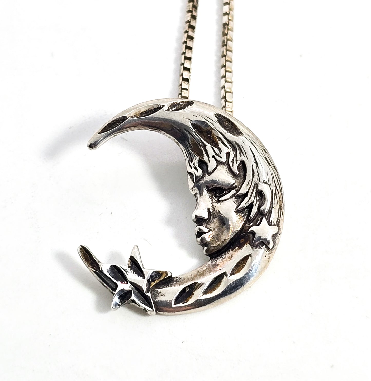 Celestial crescent moon face goddess star Sterling silver vintage pendant necklace