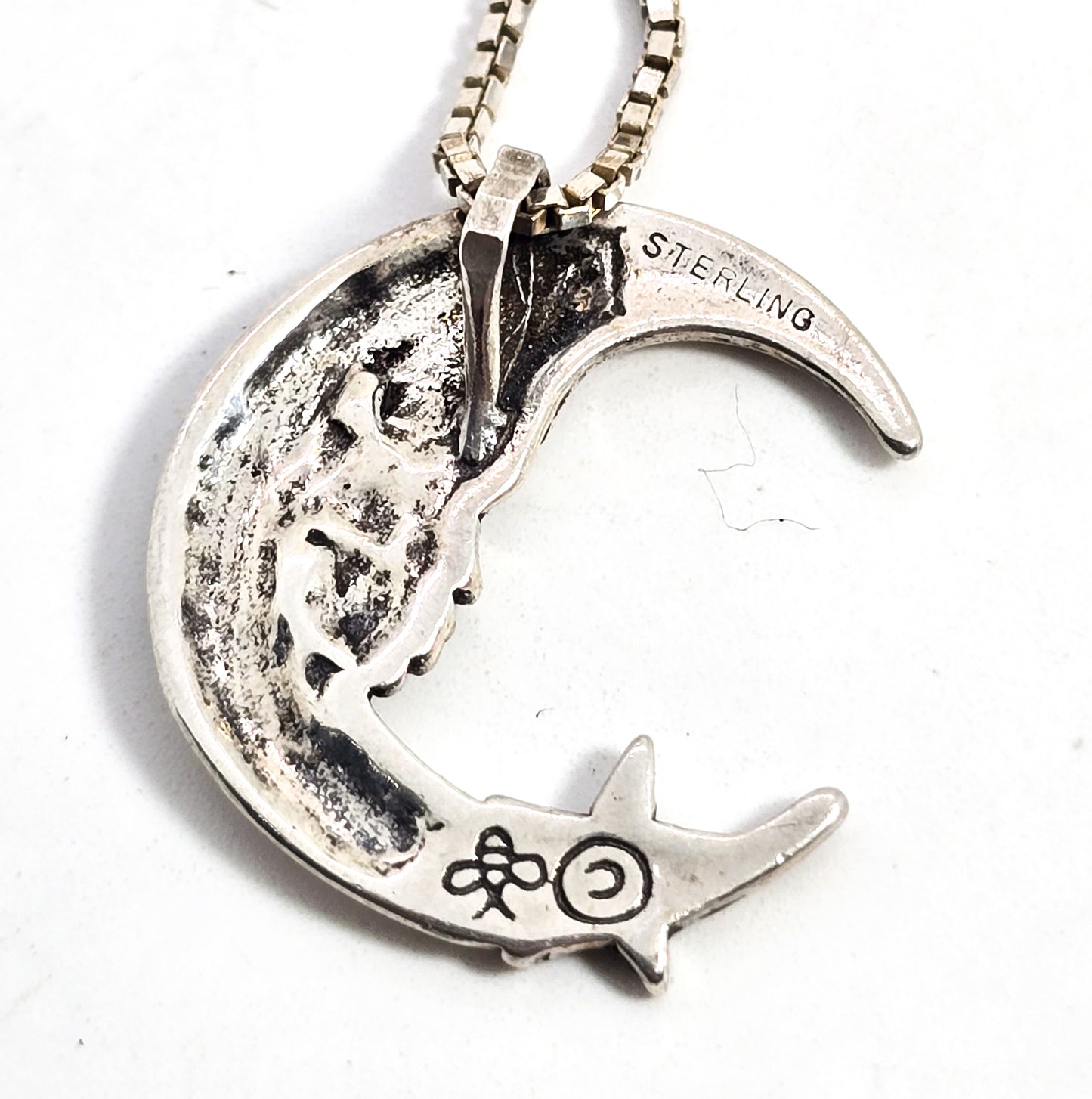 Celestial crescent moon face goddess star Sterling silver vintage pendant necklace