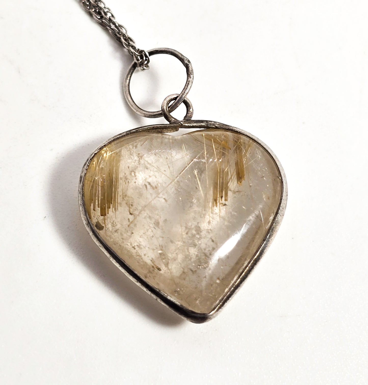 Golden Rutile Rutilated Quartz gemstone sterling silver heart pendant necklace