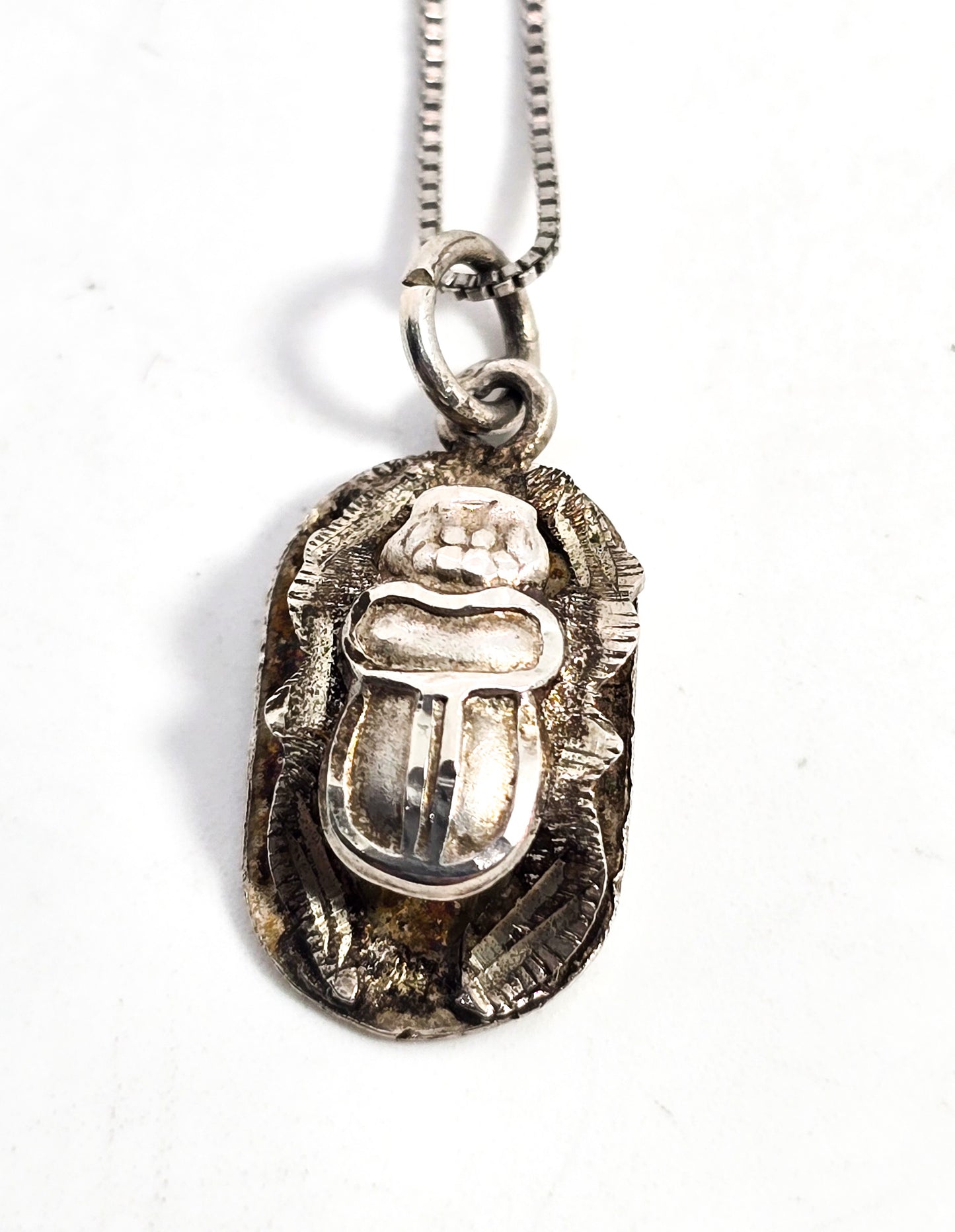Egyptian Scarab Khepri beetle vintage sterling silver hieroglyphic necklace