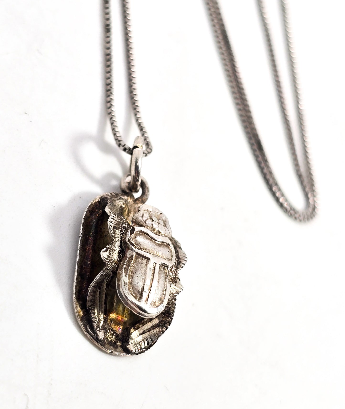 Egyptian Scarab Khepri beetle vintage sterling silver hieroglyphic necklace