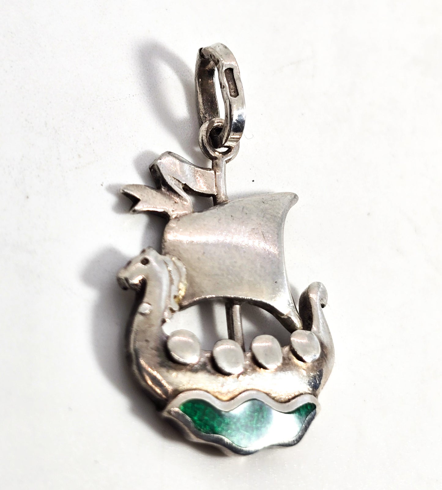 Viking ship Guilloche Norway Sterling Silver Green Enameled stamped pendant