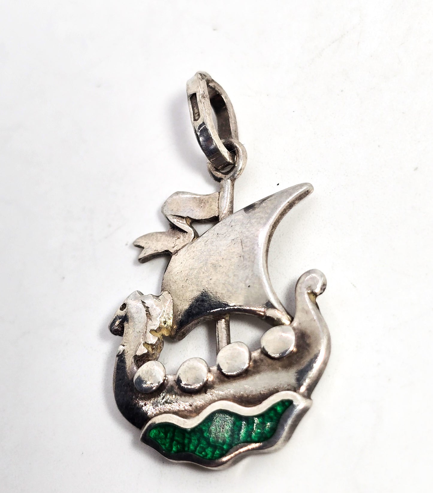 Viking ship Guilloche Norway Sterling Silver Green Enameled stamped pendant
