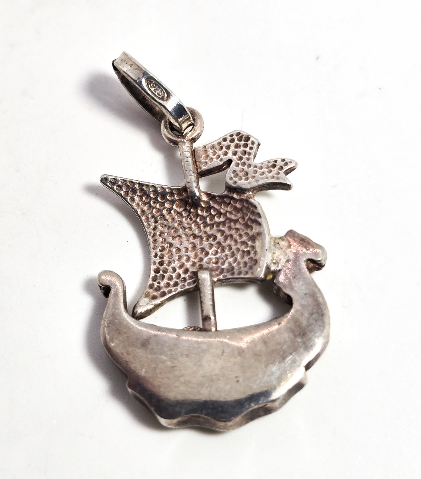Viking ship Guilloche Norway Sterling Silver Green Enameled stamped pendant